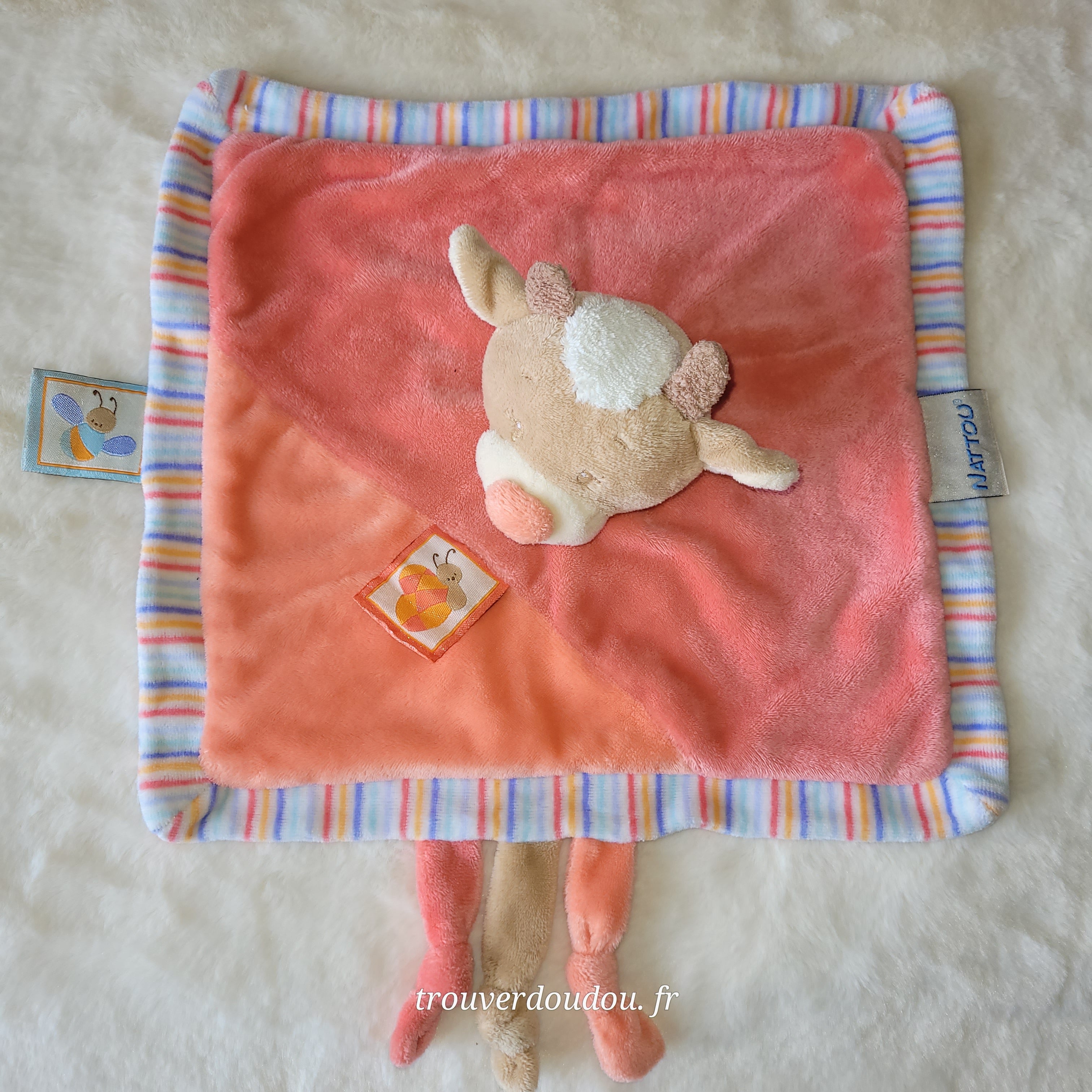 Doudou Plat Vache "Zoe" Rose et Framboise - Nattou - Collection Les Z'amis - Très Bon État