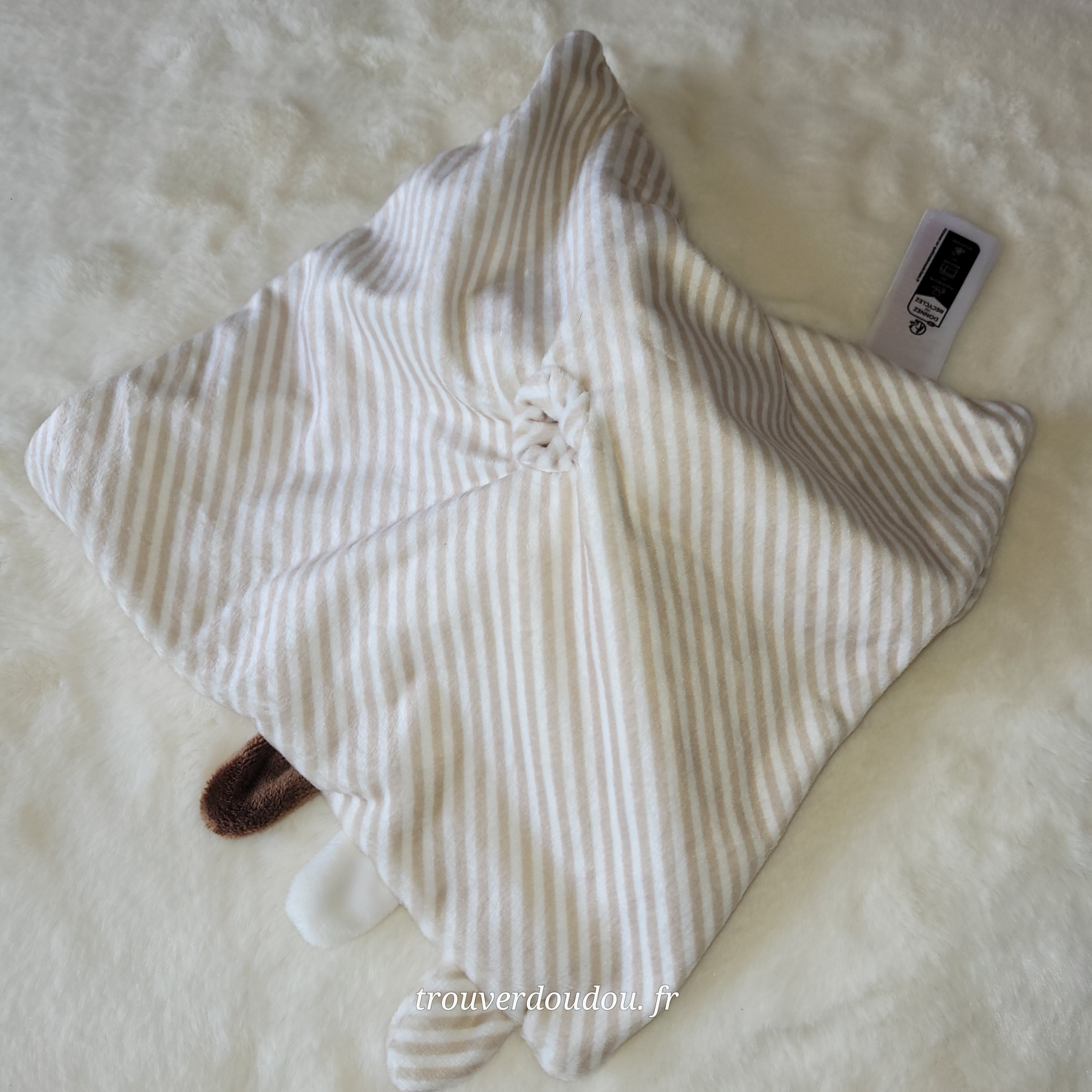 Doudou Plat Mouton Beige et Blanc Rayé - Obaïbi (Okaïdi) - Très Bon État