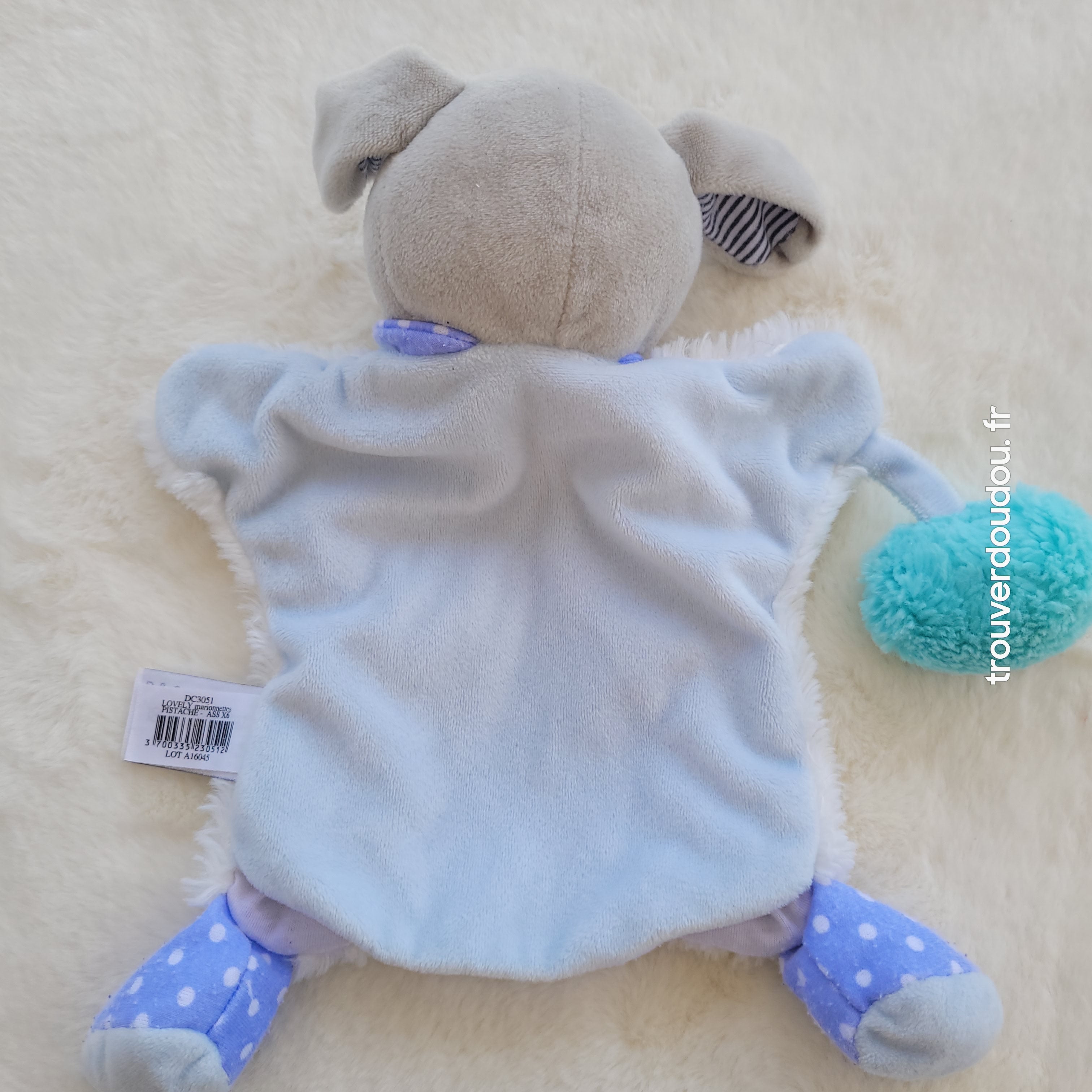Doudou Plat Chien Lovely Marionnette Blanc et Bleu Pistache Doudou et Compagnie - Très Bon État