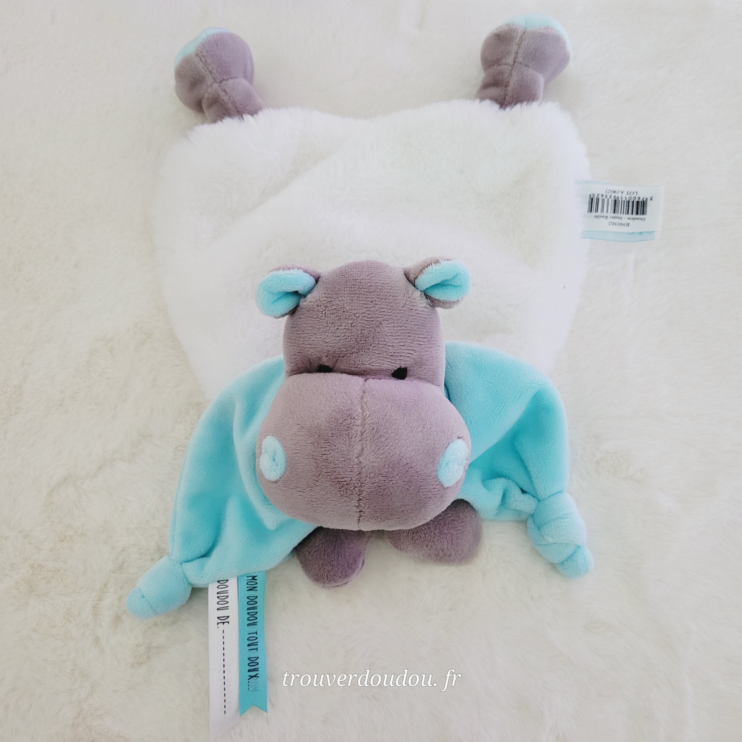 Doudou Plat Hippopotame "Bazile" Bleu et Blanc - Baby Nat' (BN0362) - État Comme Neuf