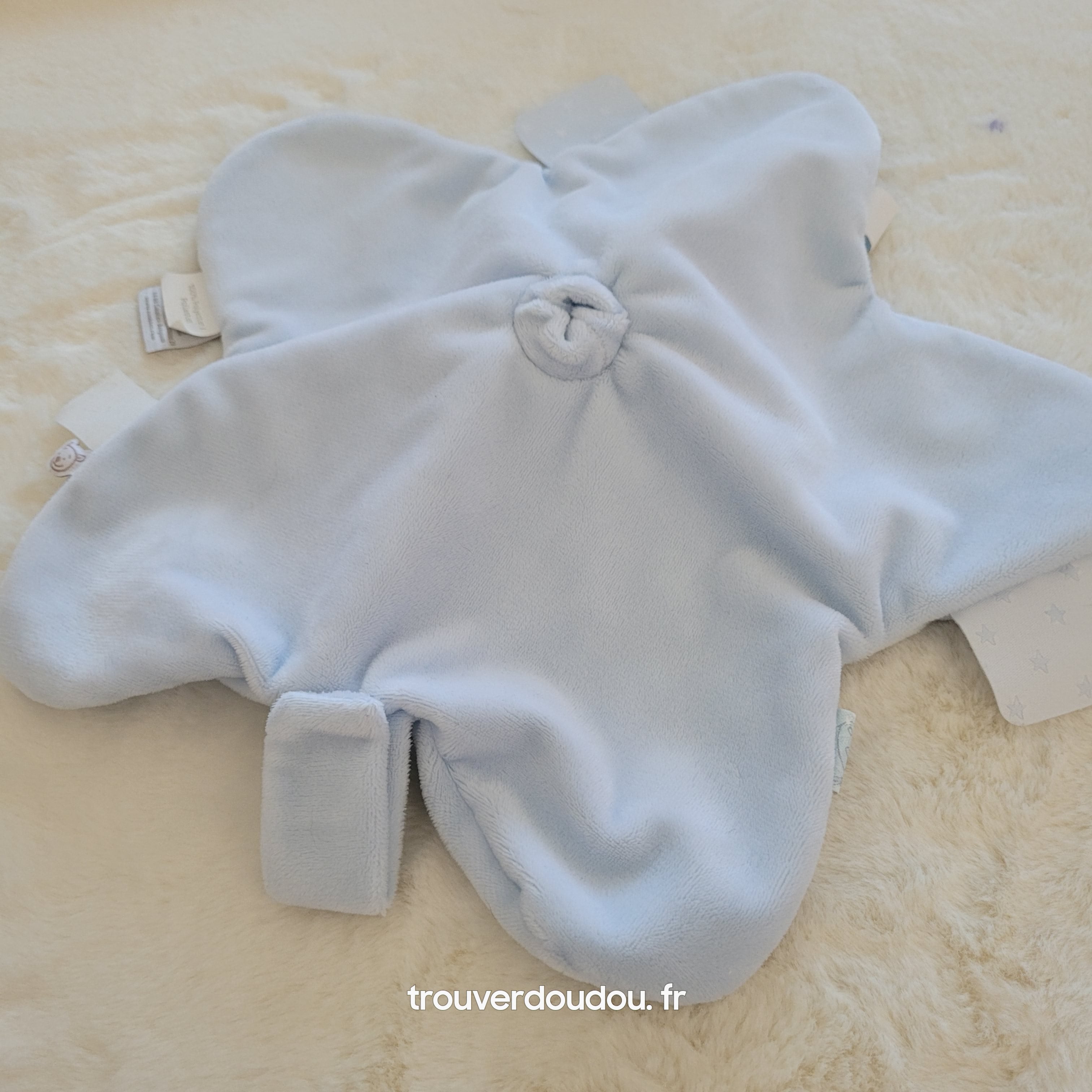 Doudou Plat Paco l'Âne Bleu Ciel en Forme de Fleur - Noukie's - Très Bon État