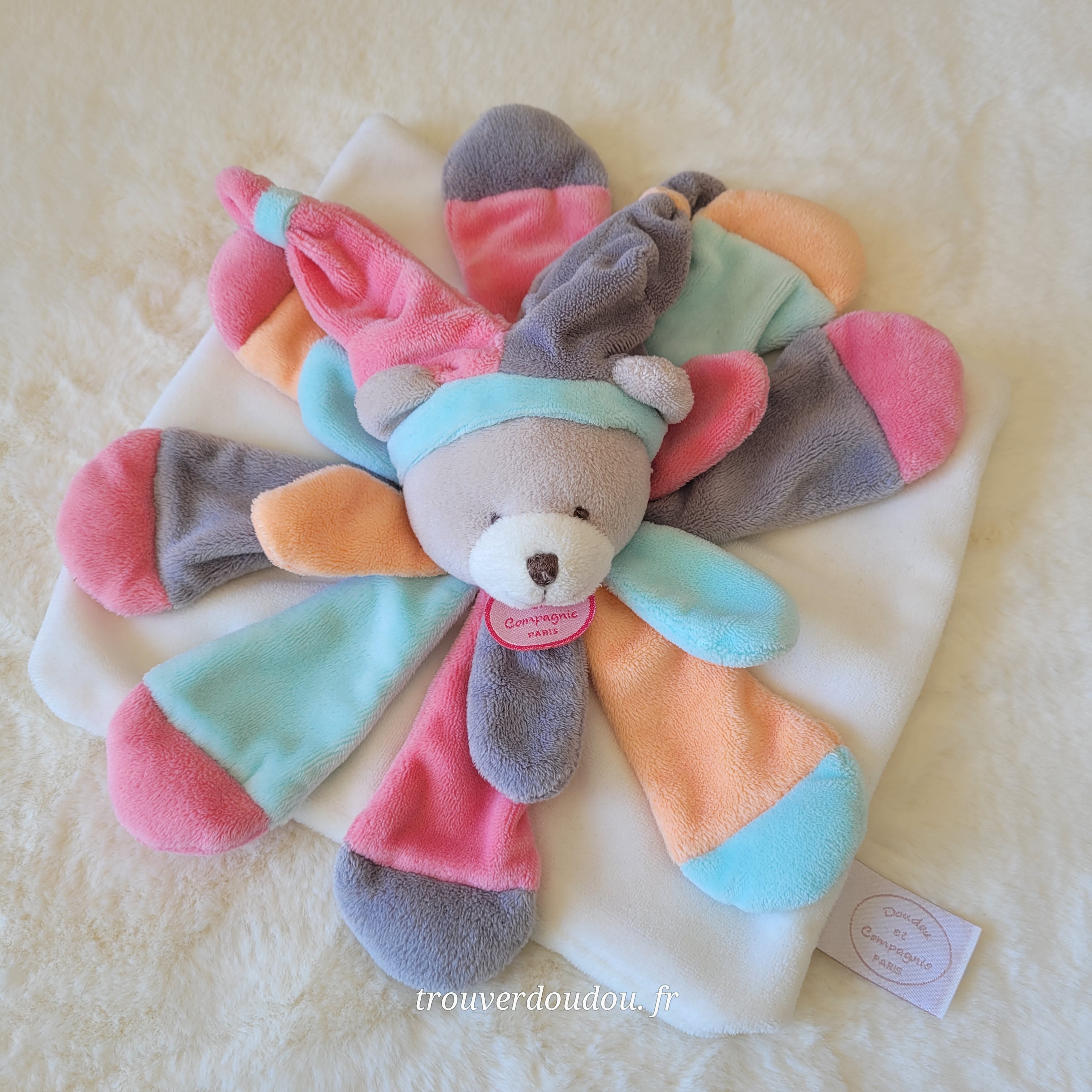 Doudou Plat Ours Pantin Multicolore "Les Petits Bonheurs" - Doudou et Compagnie - collector Très Bon État