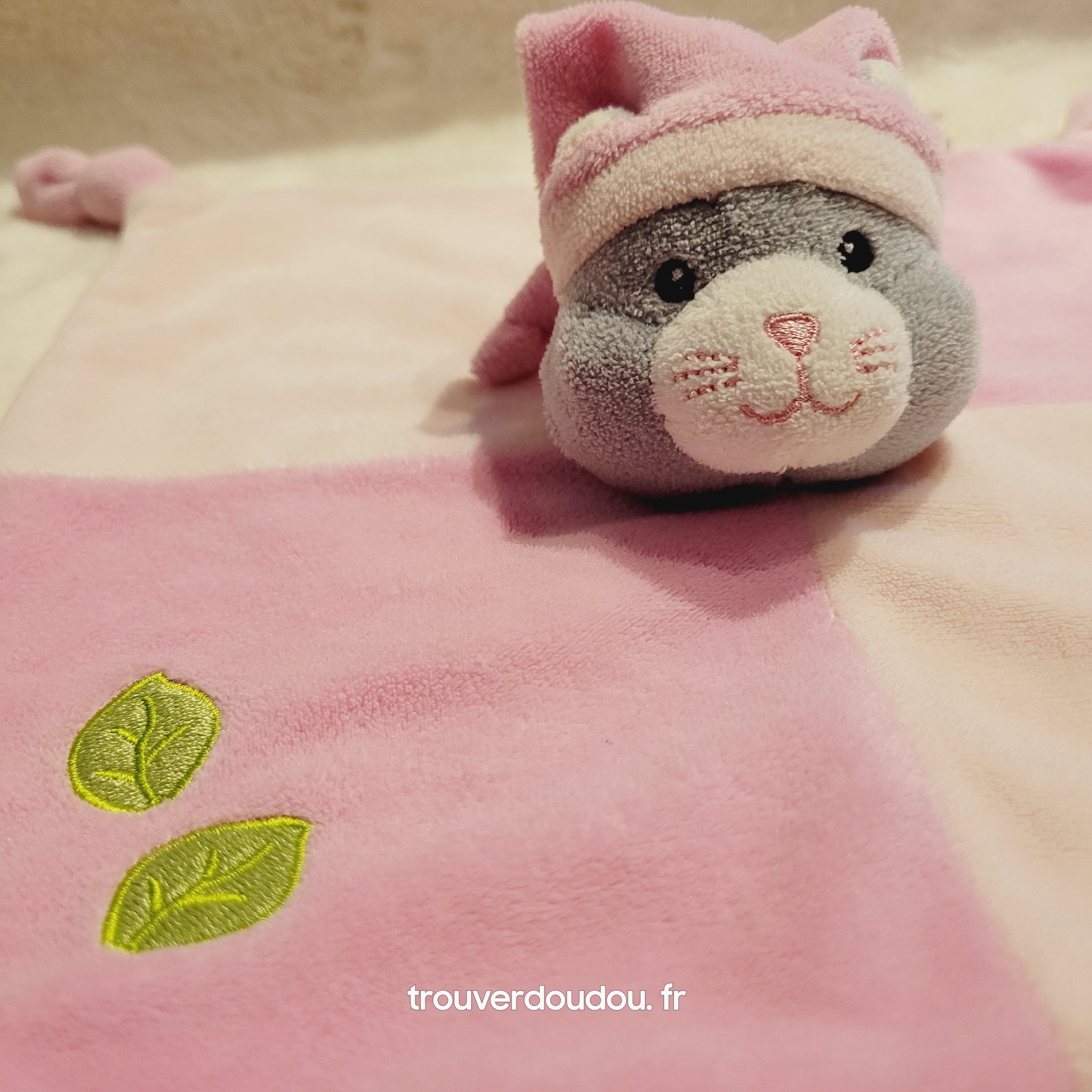 Doudou Plat Chat Rose et Gris à Bonnet - Gipsy - Carré Velours - Très Bon État