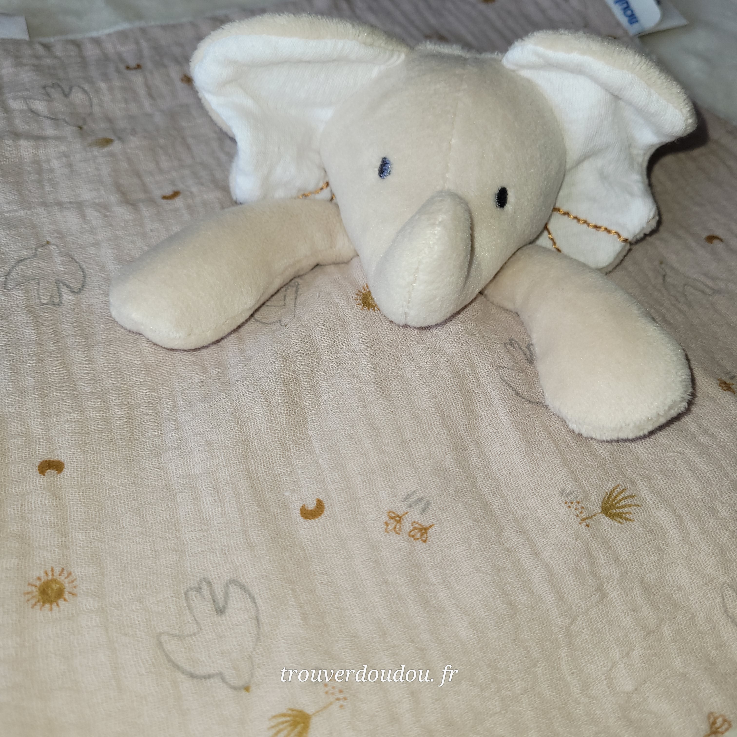 Doudou Plat Éléphant "Bali" Écru et Beige - Noukie's - Veloudoux et Mousseline - Très Bon État