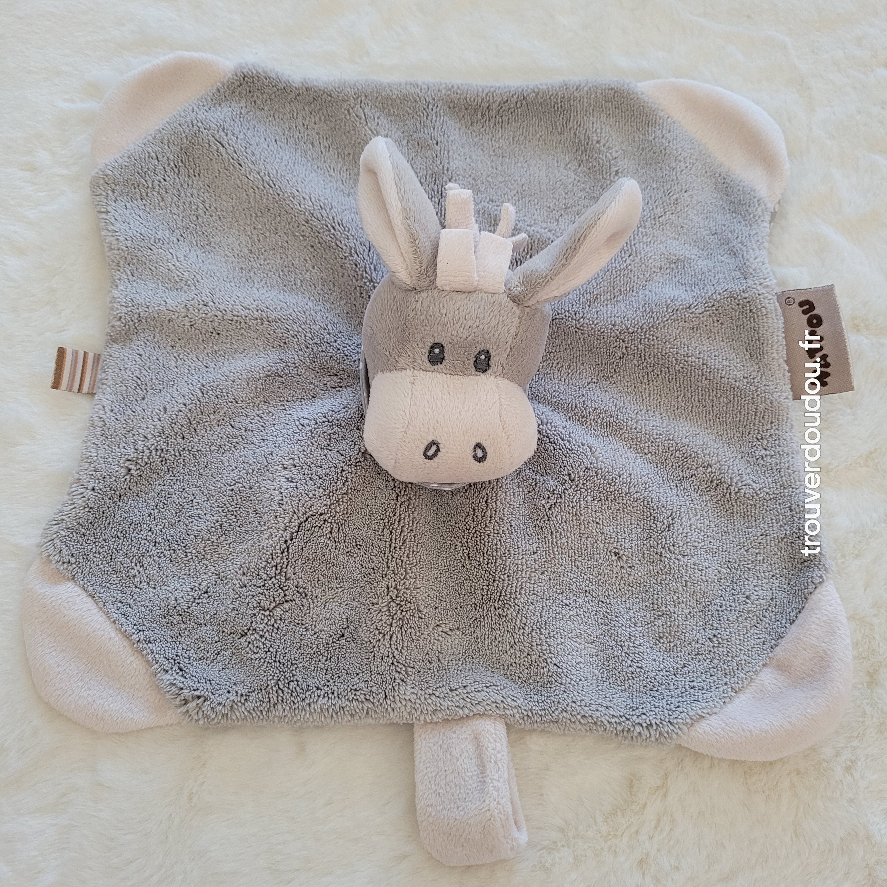 Doudou plat attache-sucette Âne Cappuccino gris et pois - Nattou Très bon état
