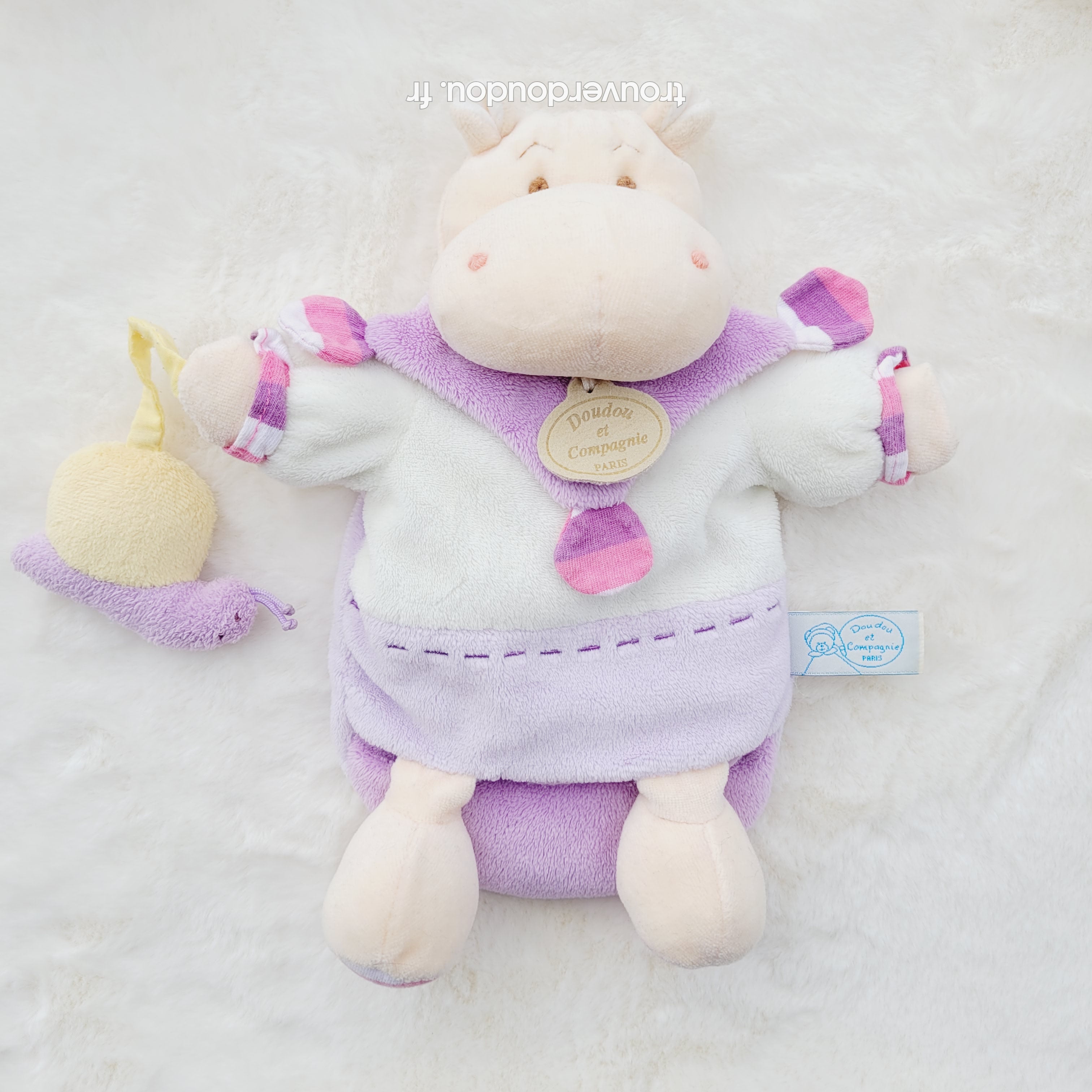Doudou marionnette Hippopotame Léo mauve et blanc - Doudou et Compagnie Très bon état