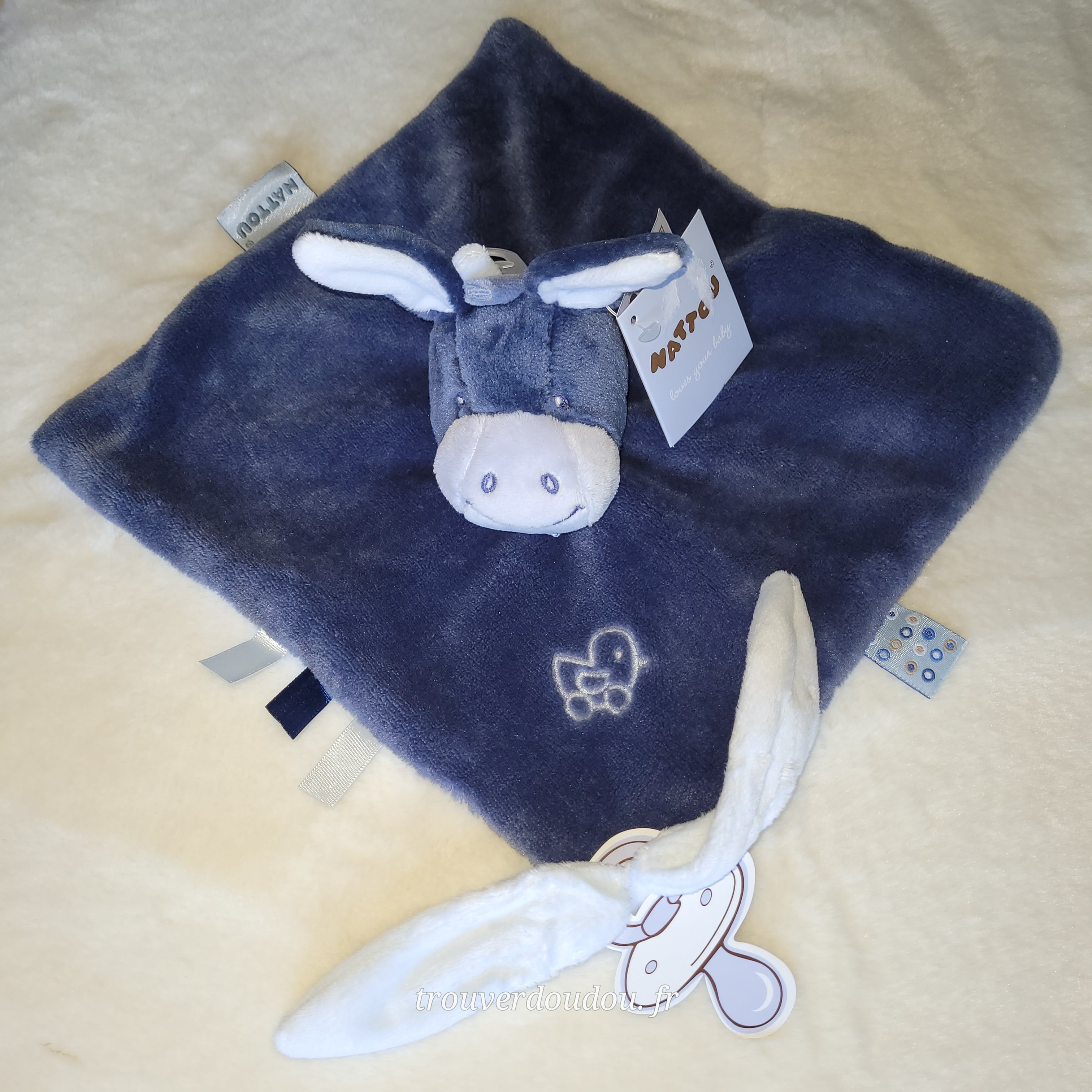 Doudou Plat Âne "Alex" Bleu Marine - Nattou - NEUF