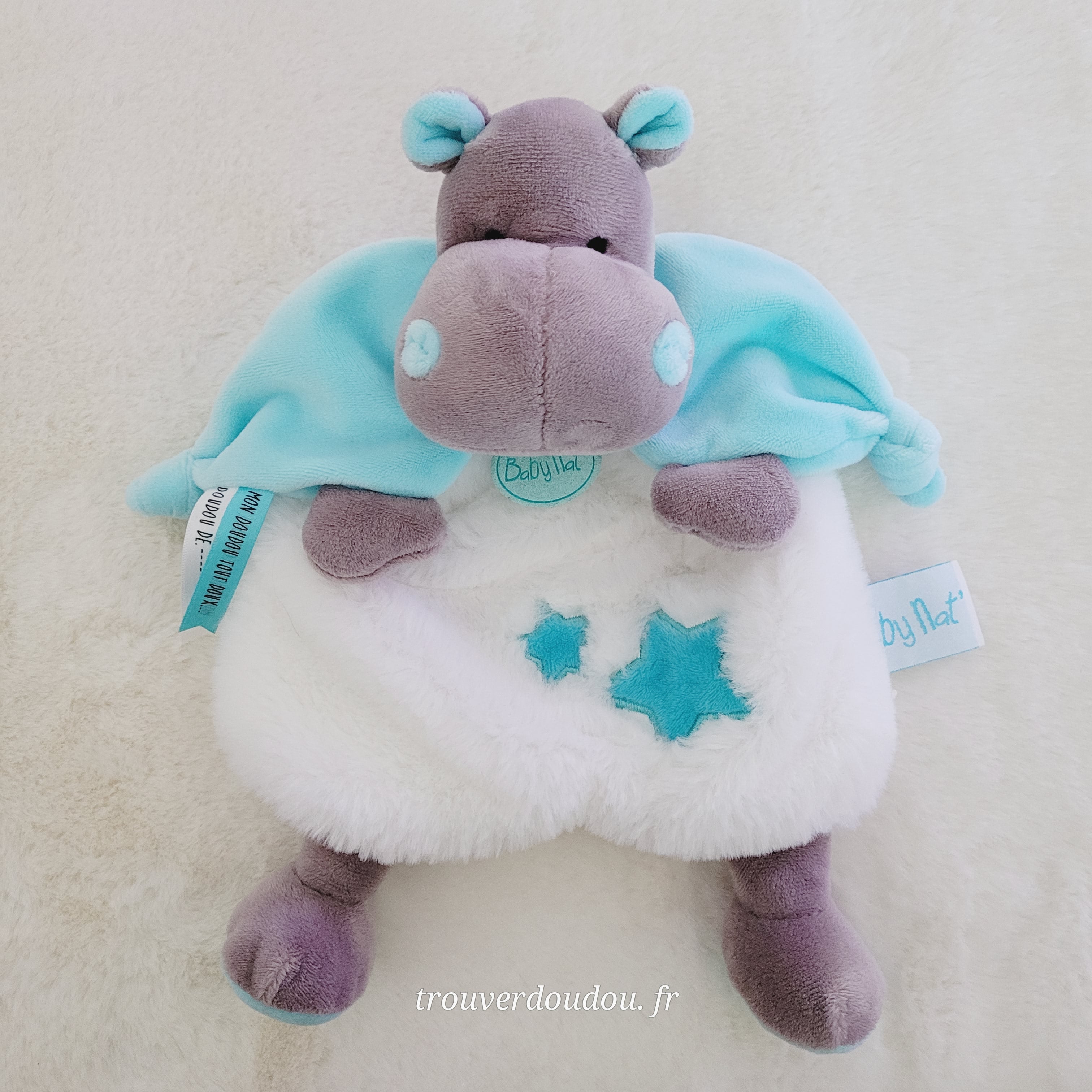 Doudou Plat Hippopotame "Bazile" Bleu et Blanc - Baby Nat' (BN0362) - État Comme Neuf