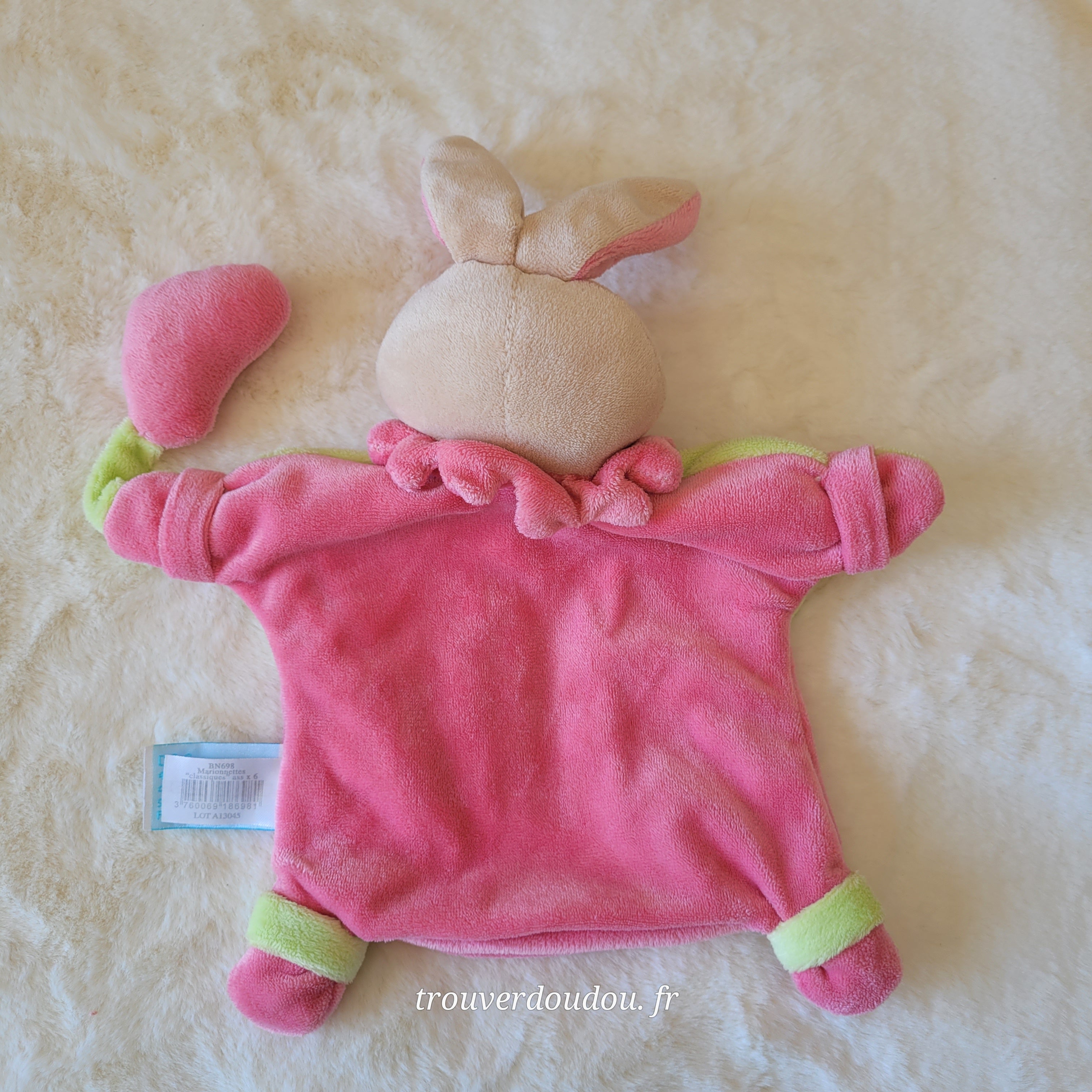 Doudou Marionnette Lapin "Fiona adore les bisous" Vert et Rose - Baby Nat' - Très Bon État