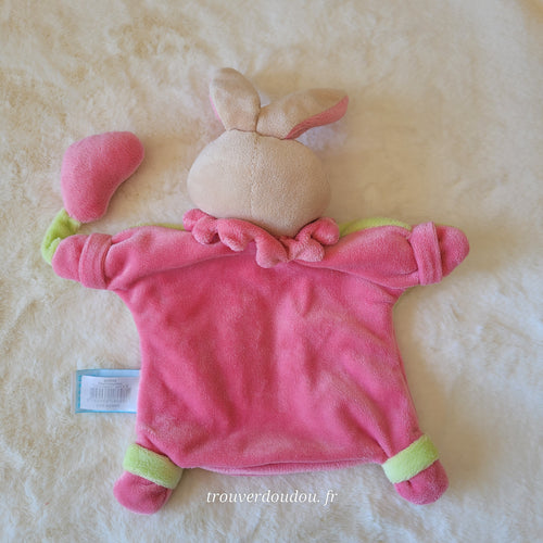 Doudou Marionnette Lapin "Fiona adore les bisous" Vert et Rose - Baby Nat' - Très Bon État