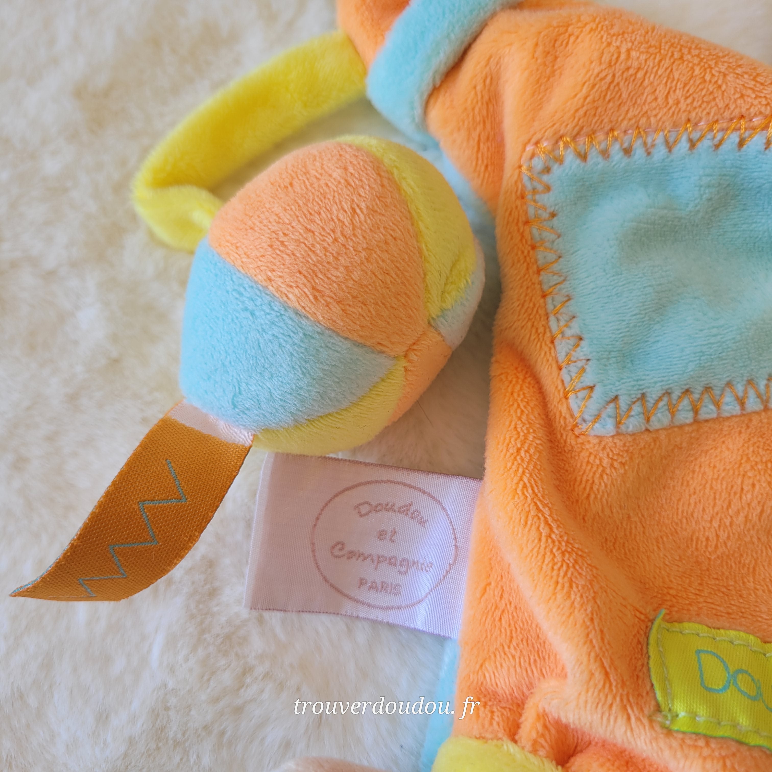 Doudou Marionnette Ours Zigzag Bleu et Orange avec Balle - Doudou et Compagnie - Très Bon État