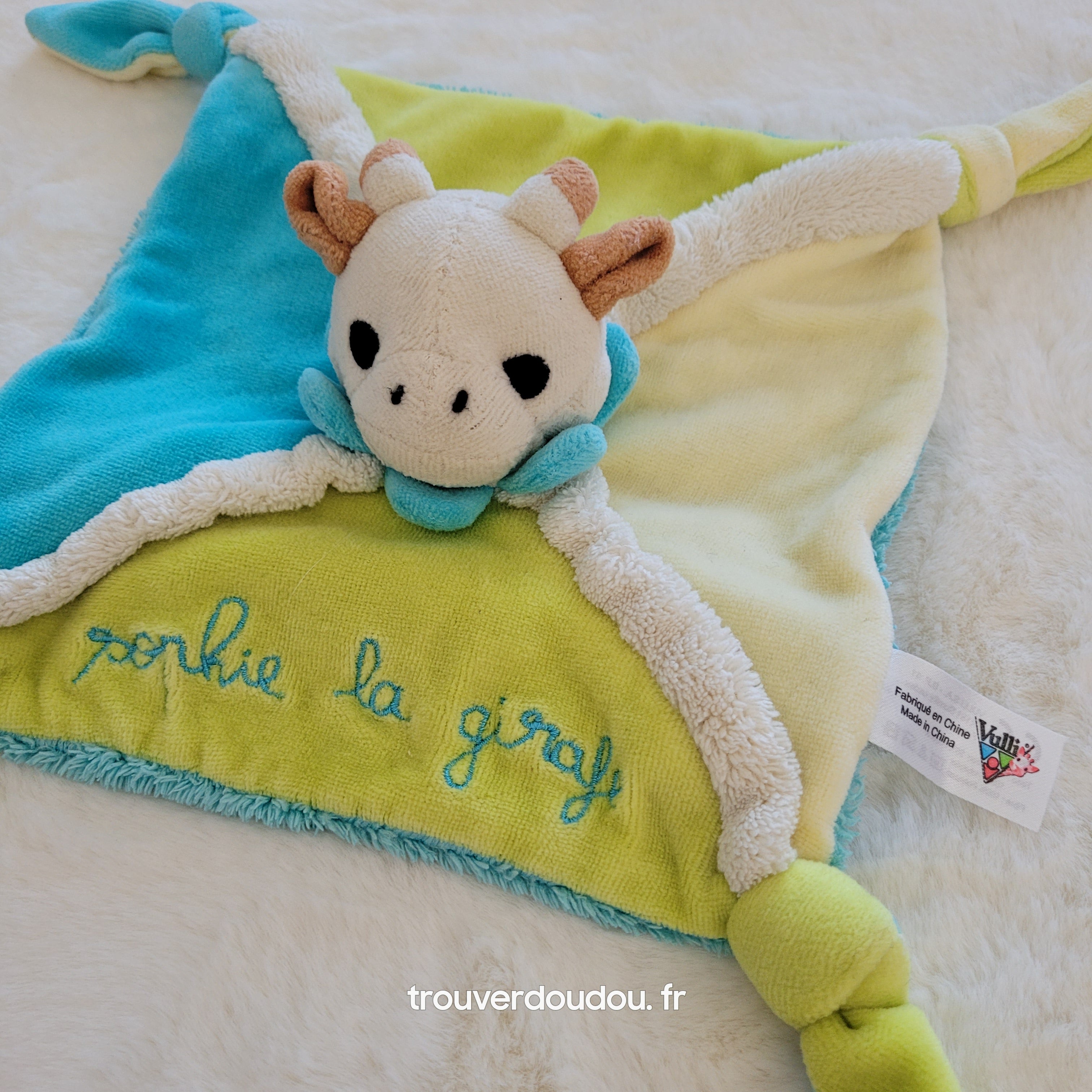 Doudou Plat Sophie la Girafe Bleu et Vert Pomme - Vulli - Carré Mouchoir Soft - Très Bon État