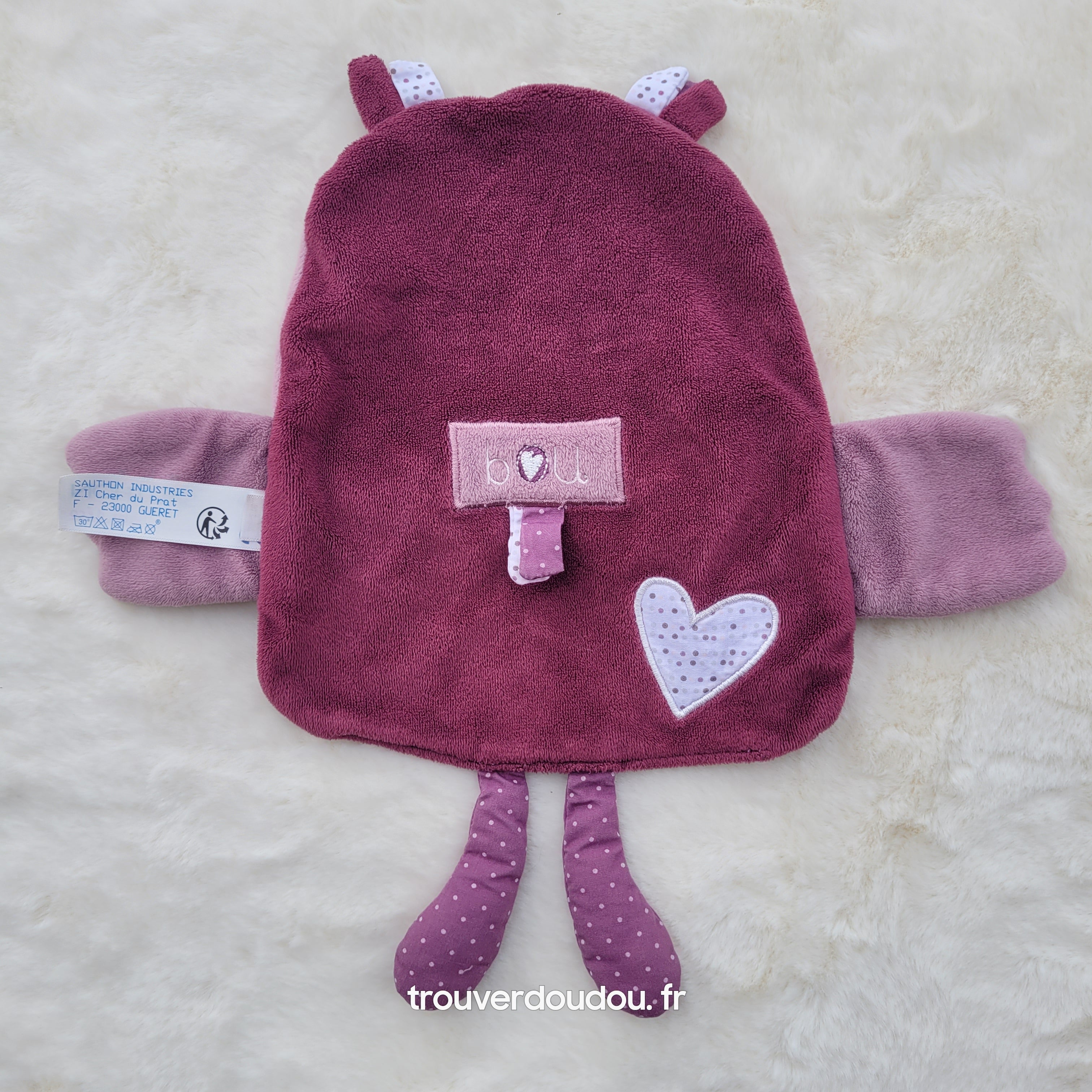 Doudou plat Chouette Mam’zelle Bou violet et rose parme - Sauthon Très bon état