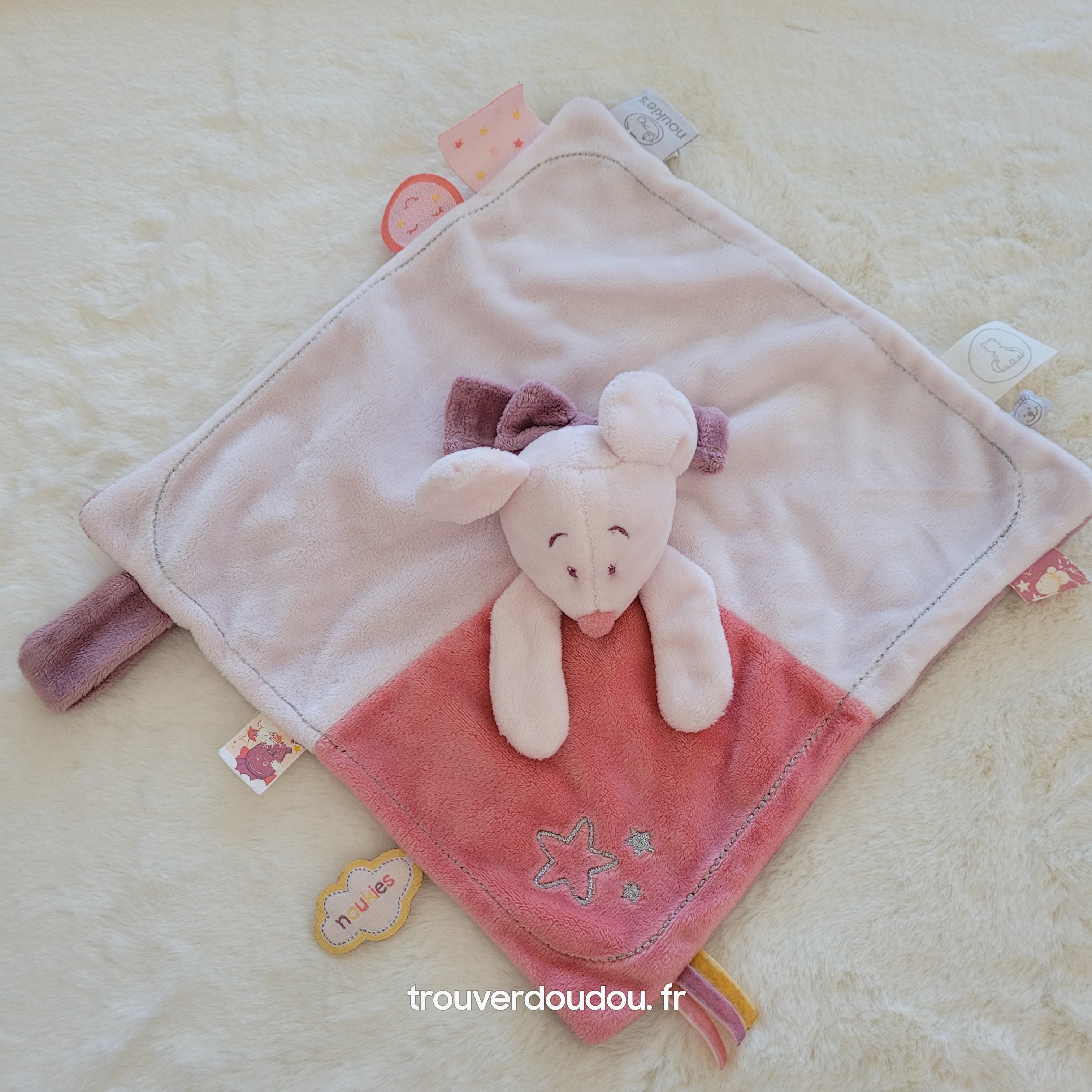 Doudou plat attache-sucette Souris Mia rose poudré - Noukie's Très bon état