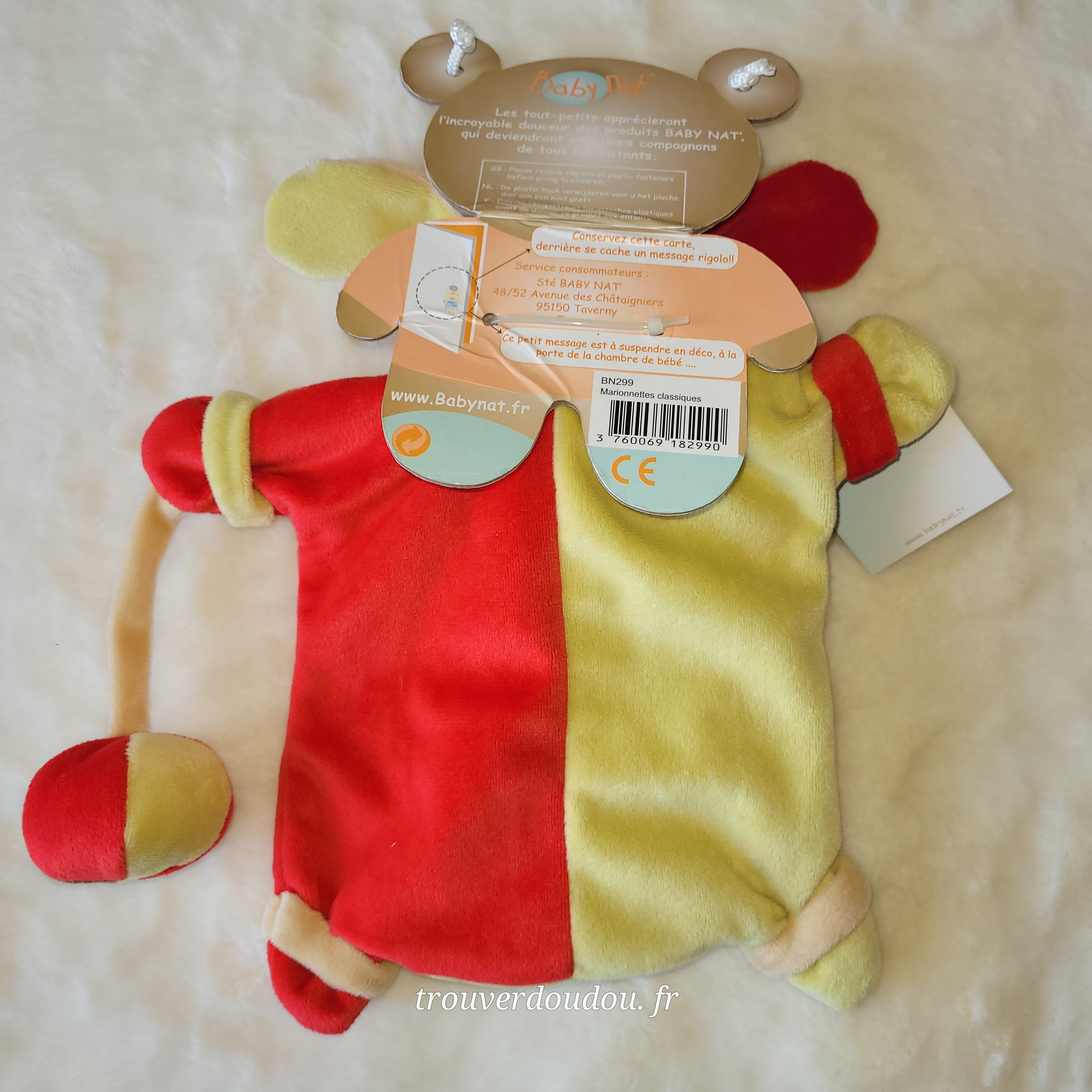 Doudou Marionnette Chien Diabolo - Baby Nat' - Jaune et Rouge - NEUF BN299