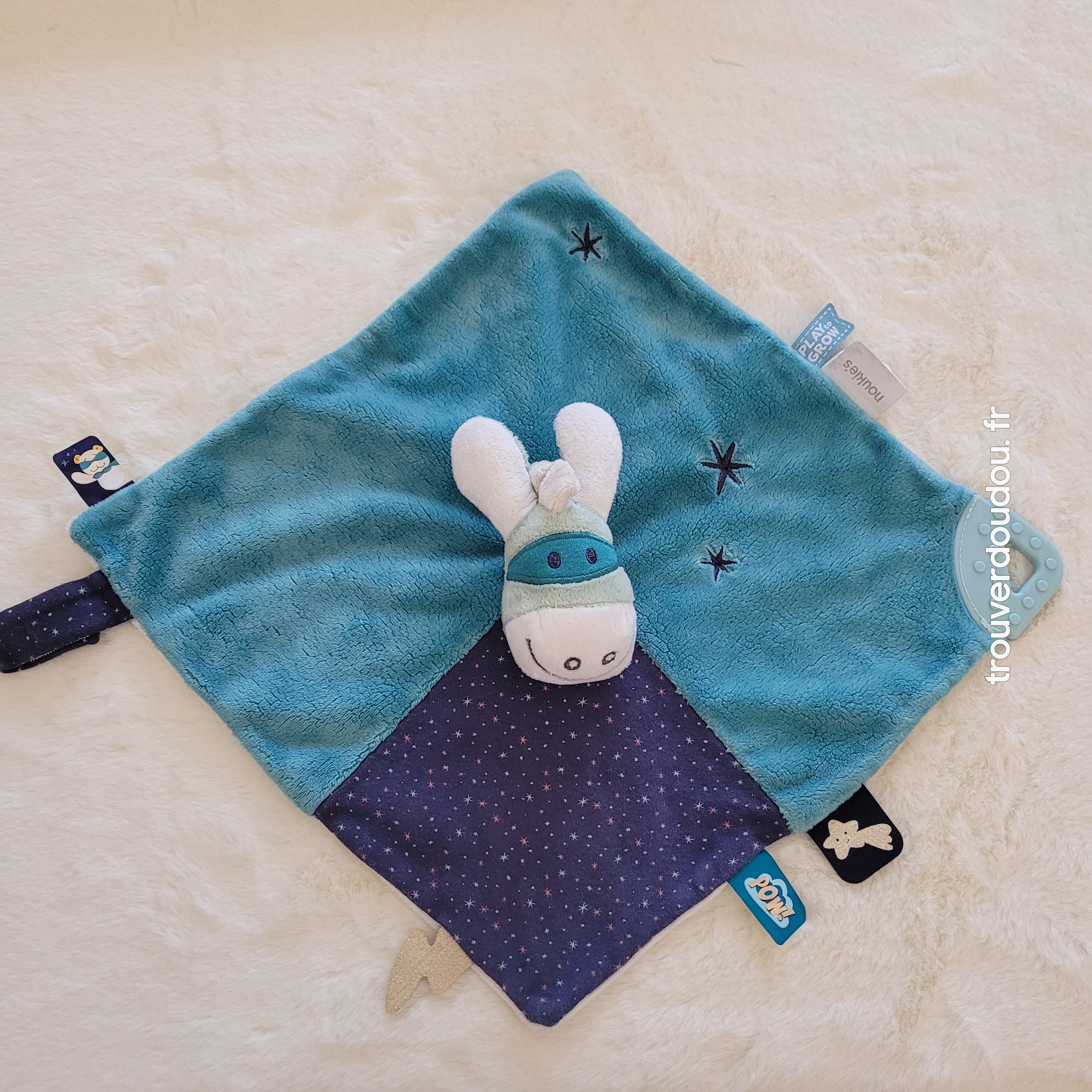 Doudou plat Paco l'âne masqué Super-Héros bleu et blanc - Noukie's Très bon état