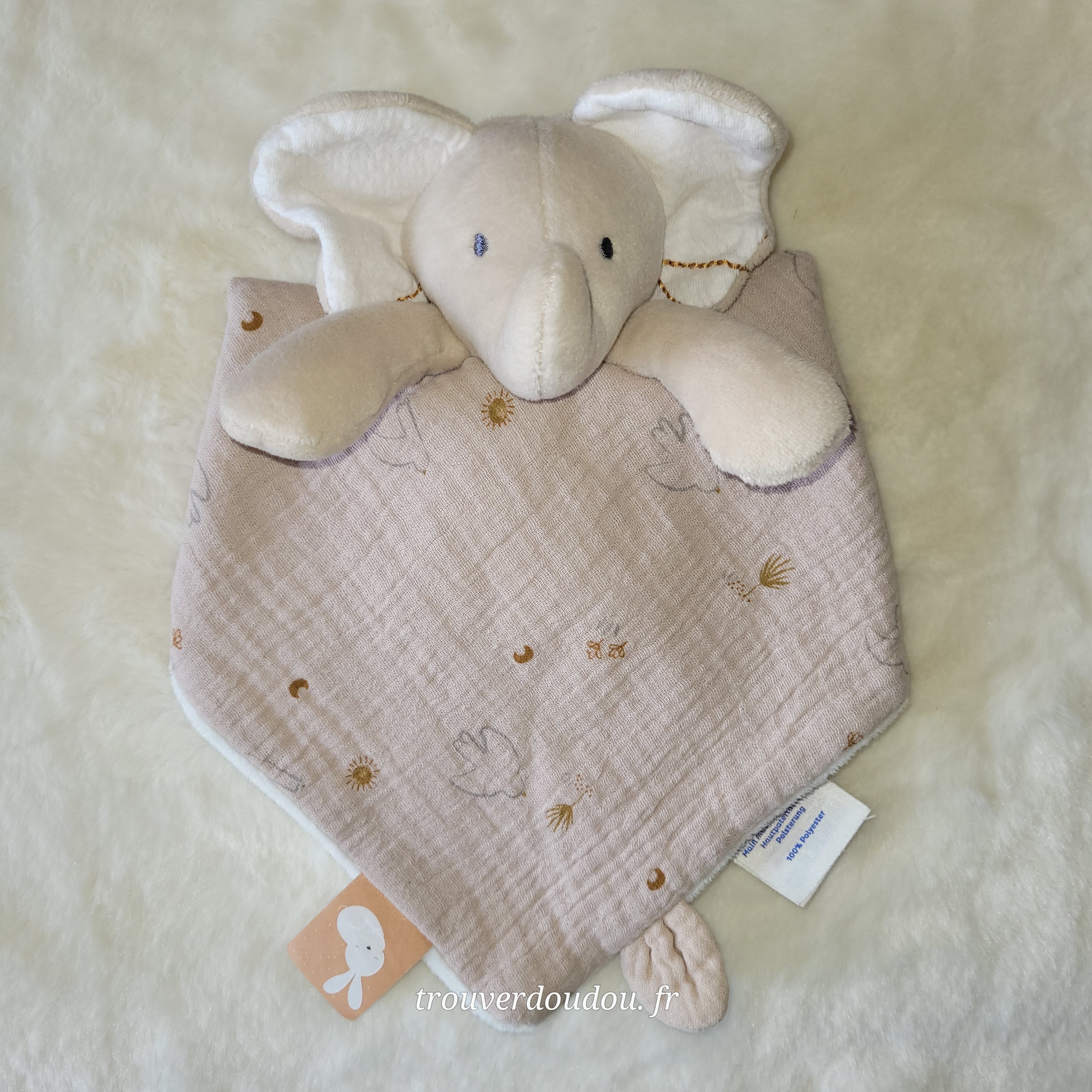 Doudou Plat Éléphant "Bali" Écru et Beige - Noukie's - Veloudoux et Mousseline - Très Bon État