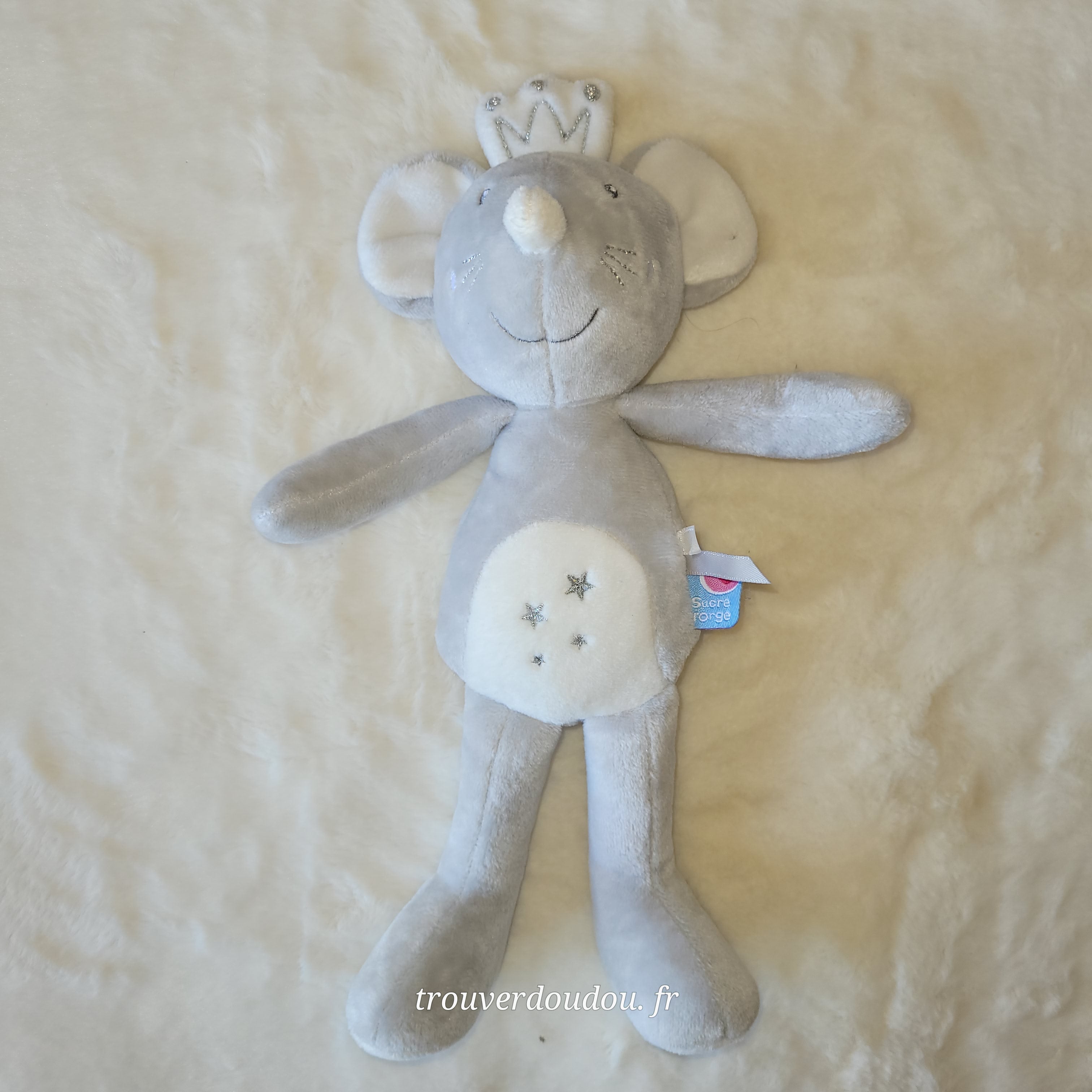 Doudou Souris Grise à Couronne - Sucre d'Orge - Étoiles Argentées - Occasion