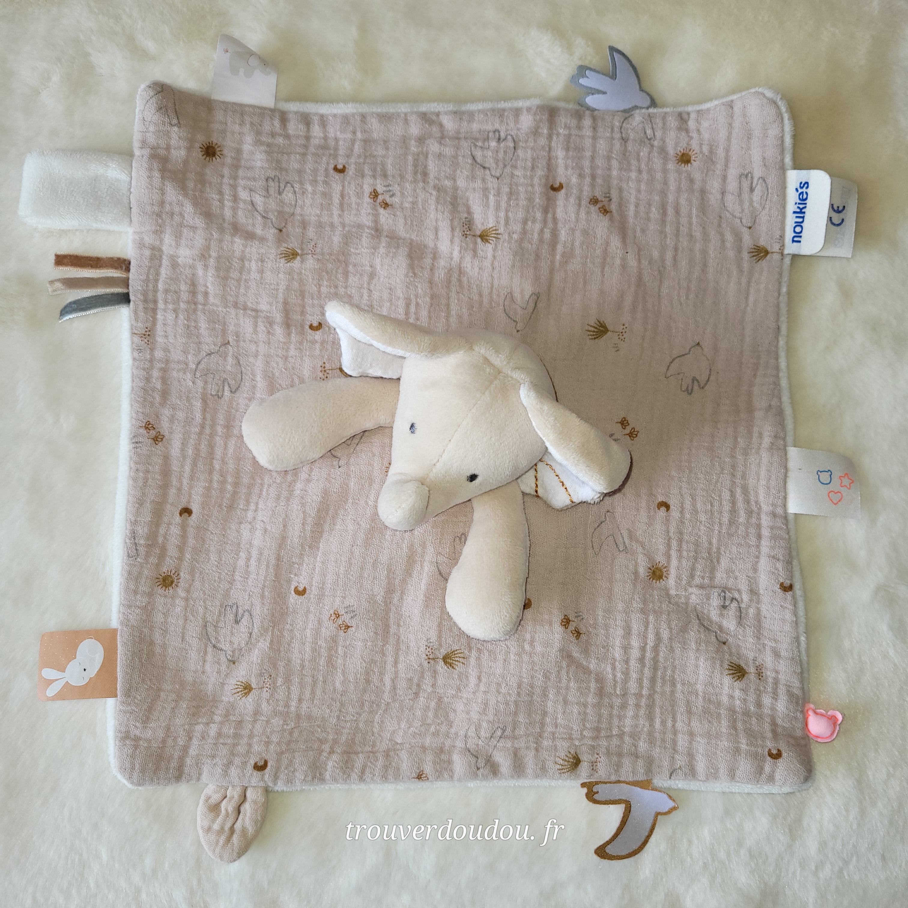Doudou Plat Éléphant "Bali" Écru et Beige - Noukie's - Veloudoux et Mousseline - Très Bon État