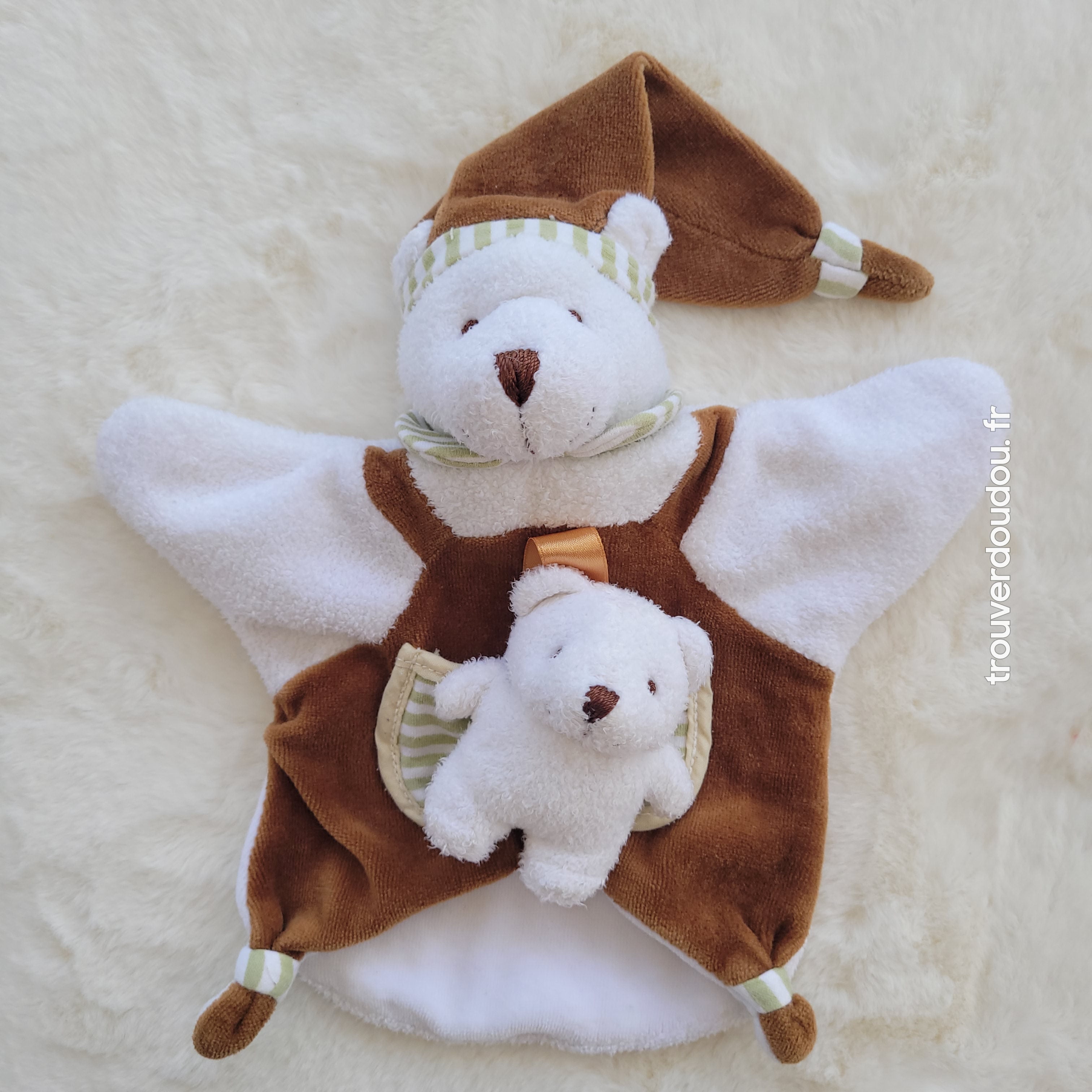 Doudou Plat Marionnette Ours Marron et Blanc avec Bébé - Doudou et Compagnie - Occasion État d'Usage