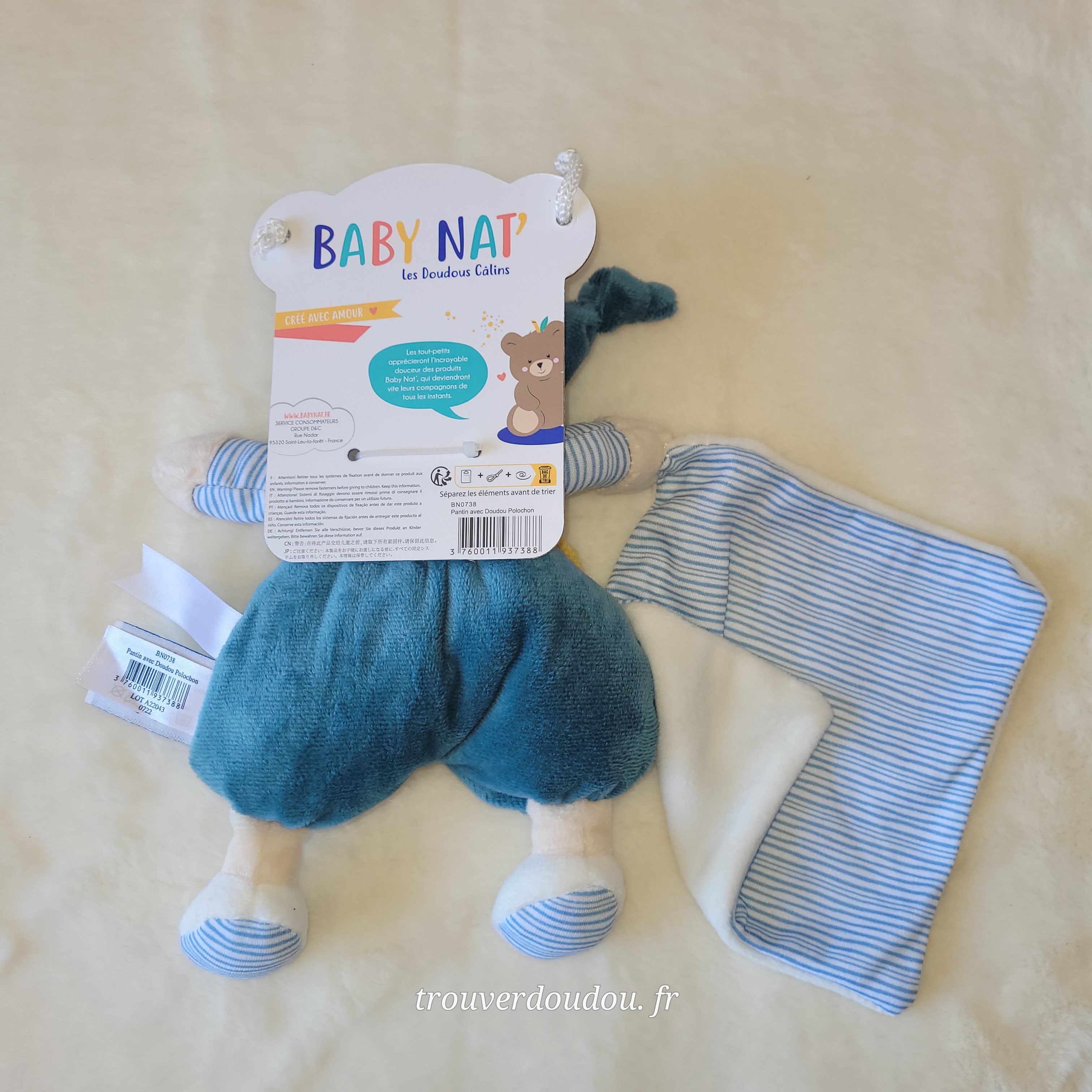 Doudou Pantin Ourson avec Polochon Bleu Ciel - Baby Nat' - NEUF BN0738