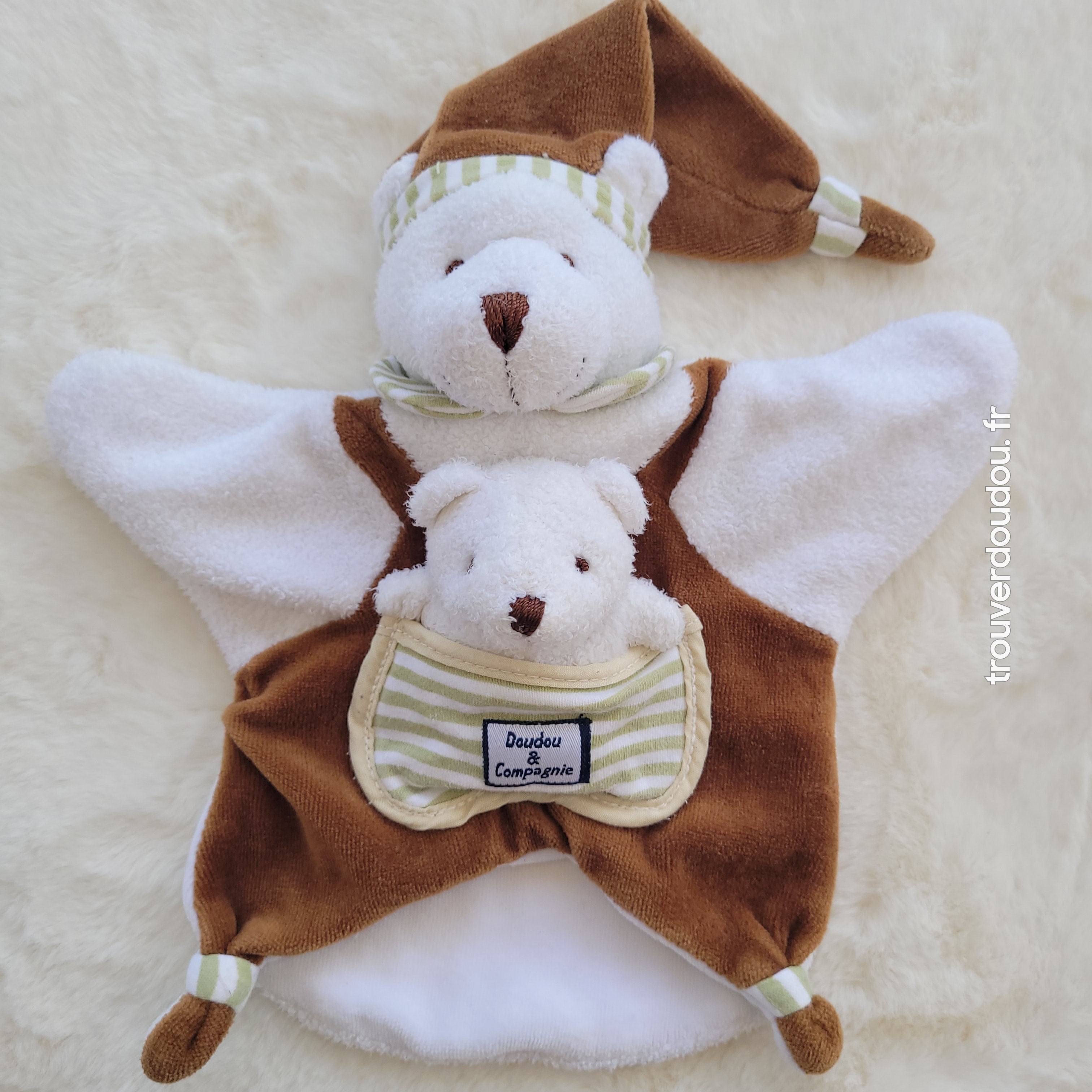 Doudou Plat Marionnette Ours Marron et Blanc avec Bébé - Doudou et Compagnie - Occasion État d'Usage