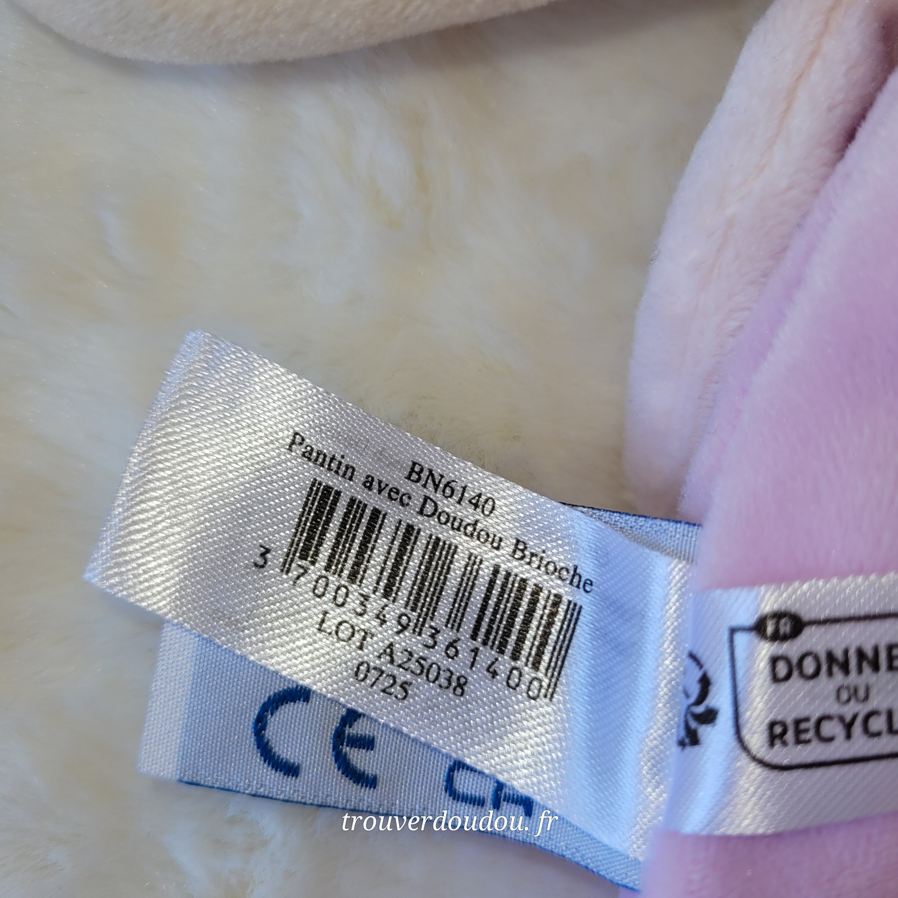 Doudou Pantin Ourson avec Brioche Rose - Baby Nat' - BN6140 - NEUF BN6140