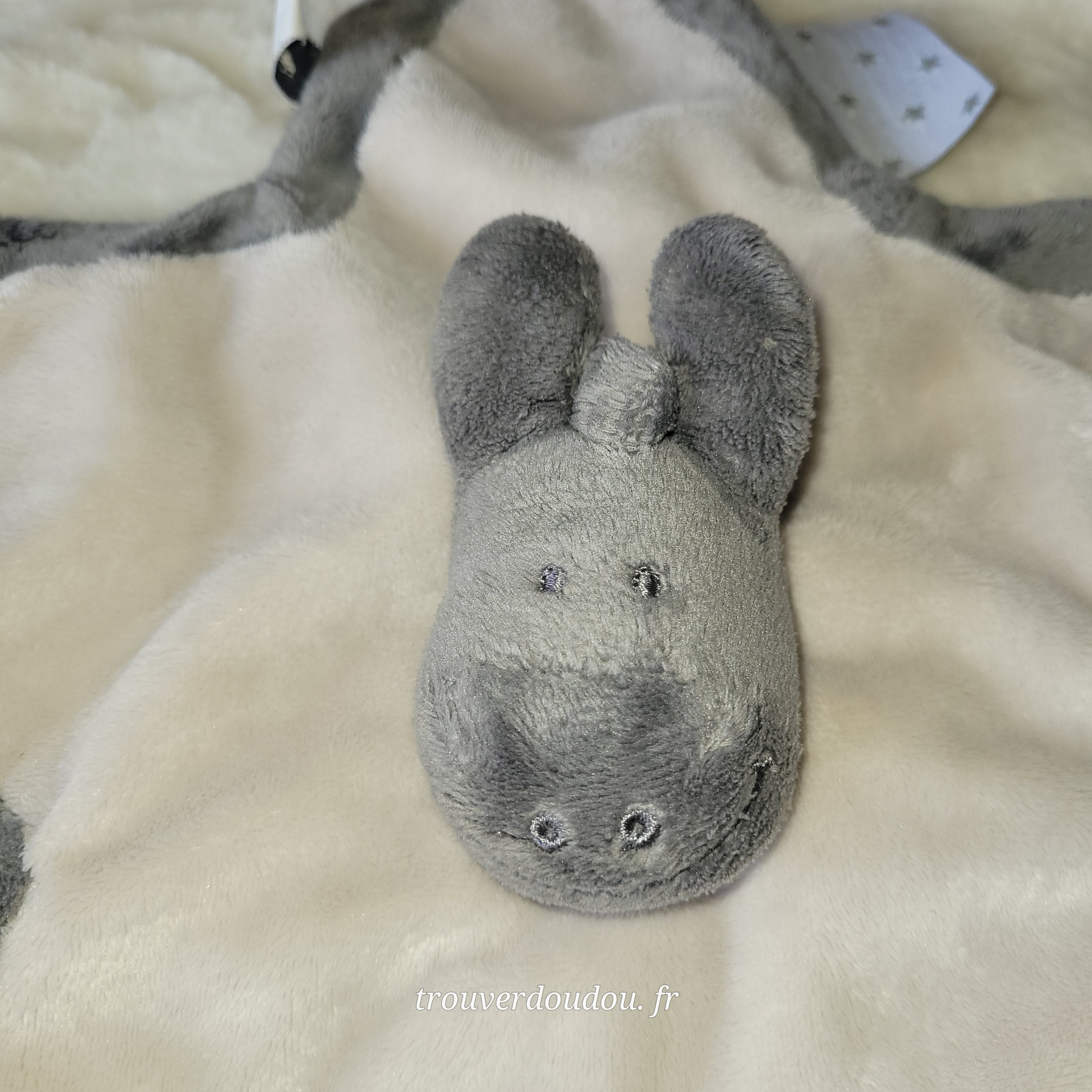 Doudou Plat Âne "Paco" Blanc et Gris Étoiles - Noukie's - Attache-Sucette - Très Bon État