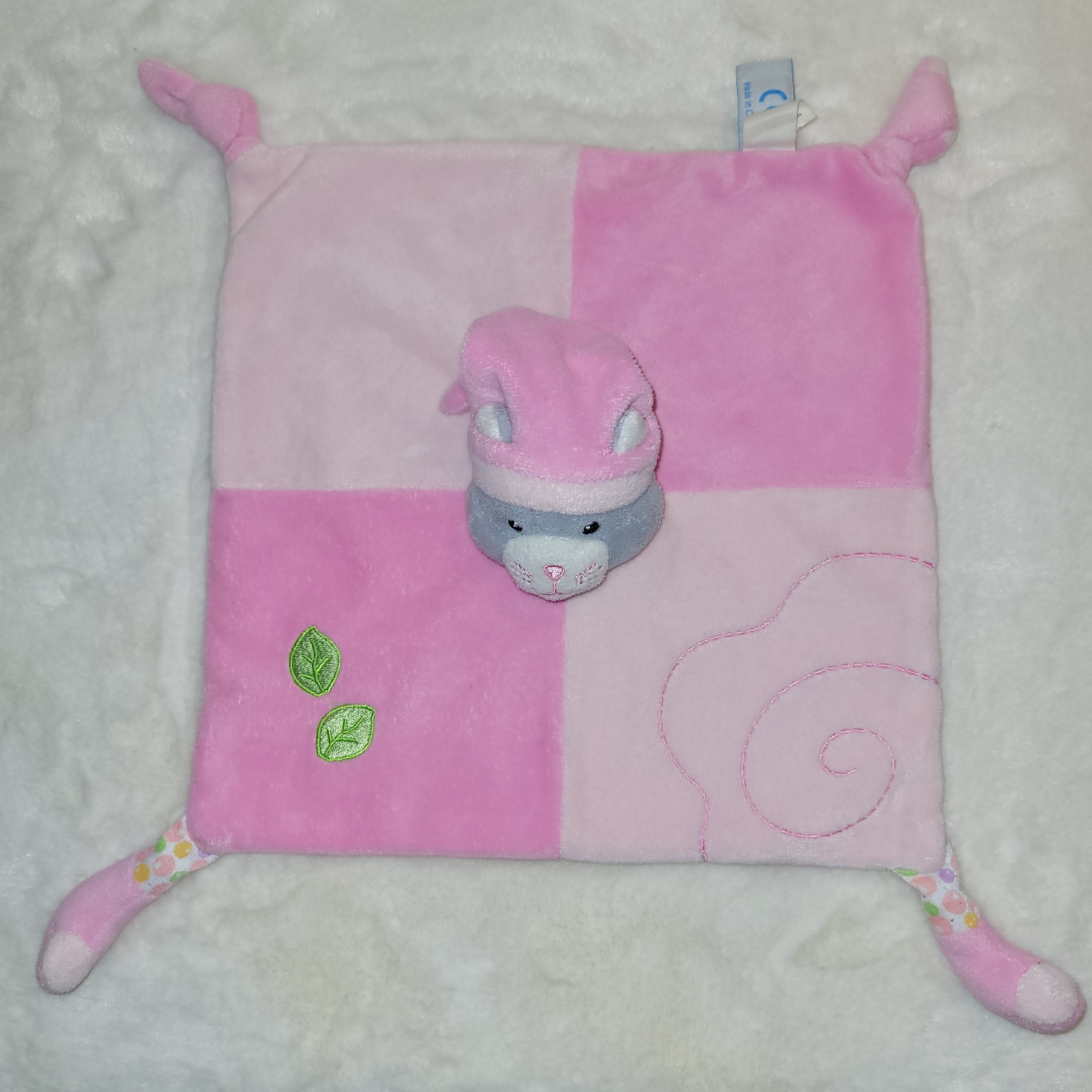 Doudou Plat Chat Rose et Gris à Bonnet - Gipsy - Carré Velours - Très Bon État