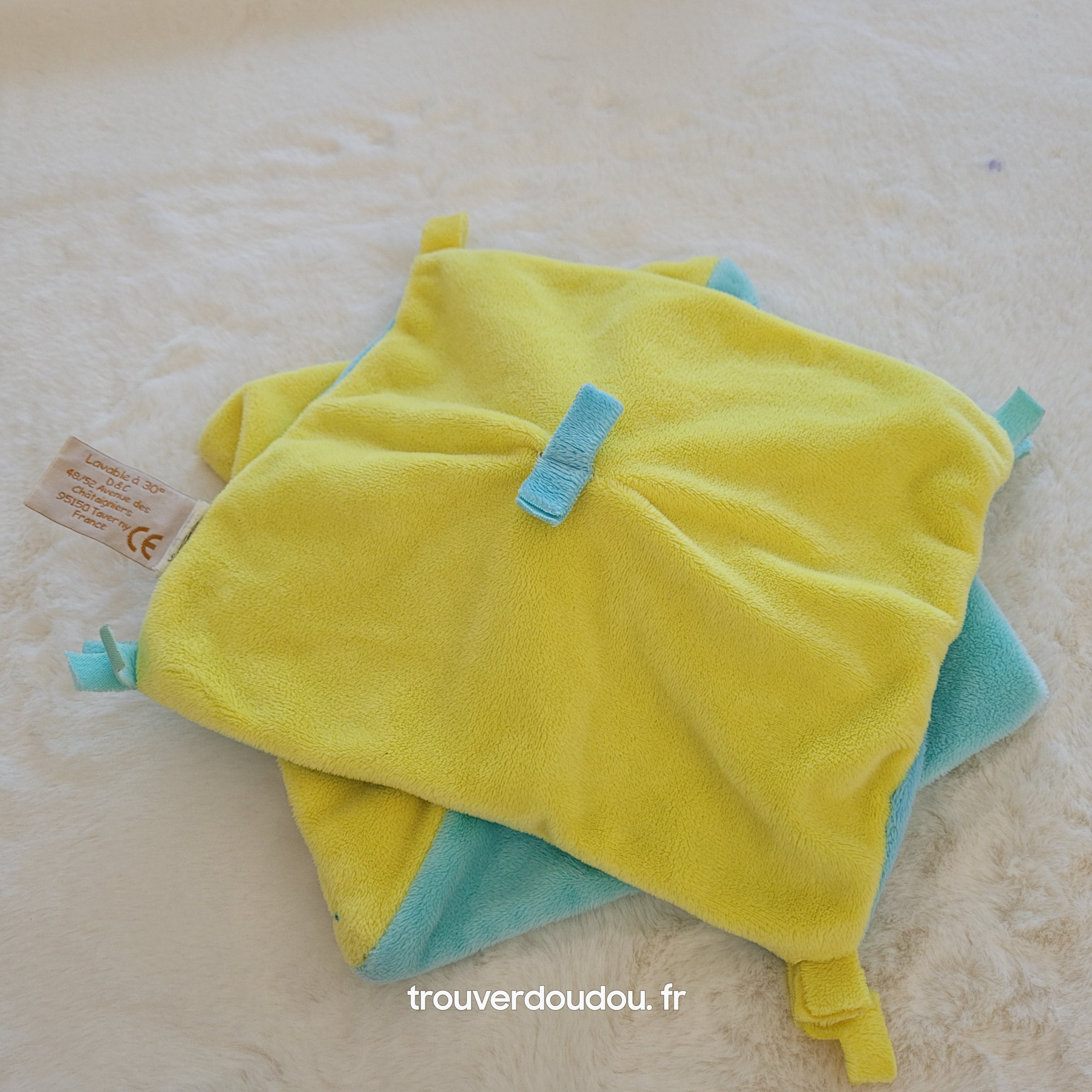 Doudou Plat Ours Bleu turquoise- Baby Nat' - Carré Mouchoir Brodé - Très Bon État