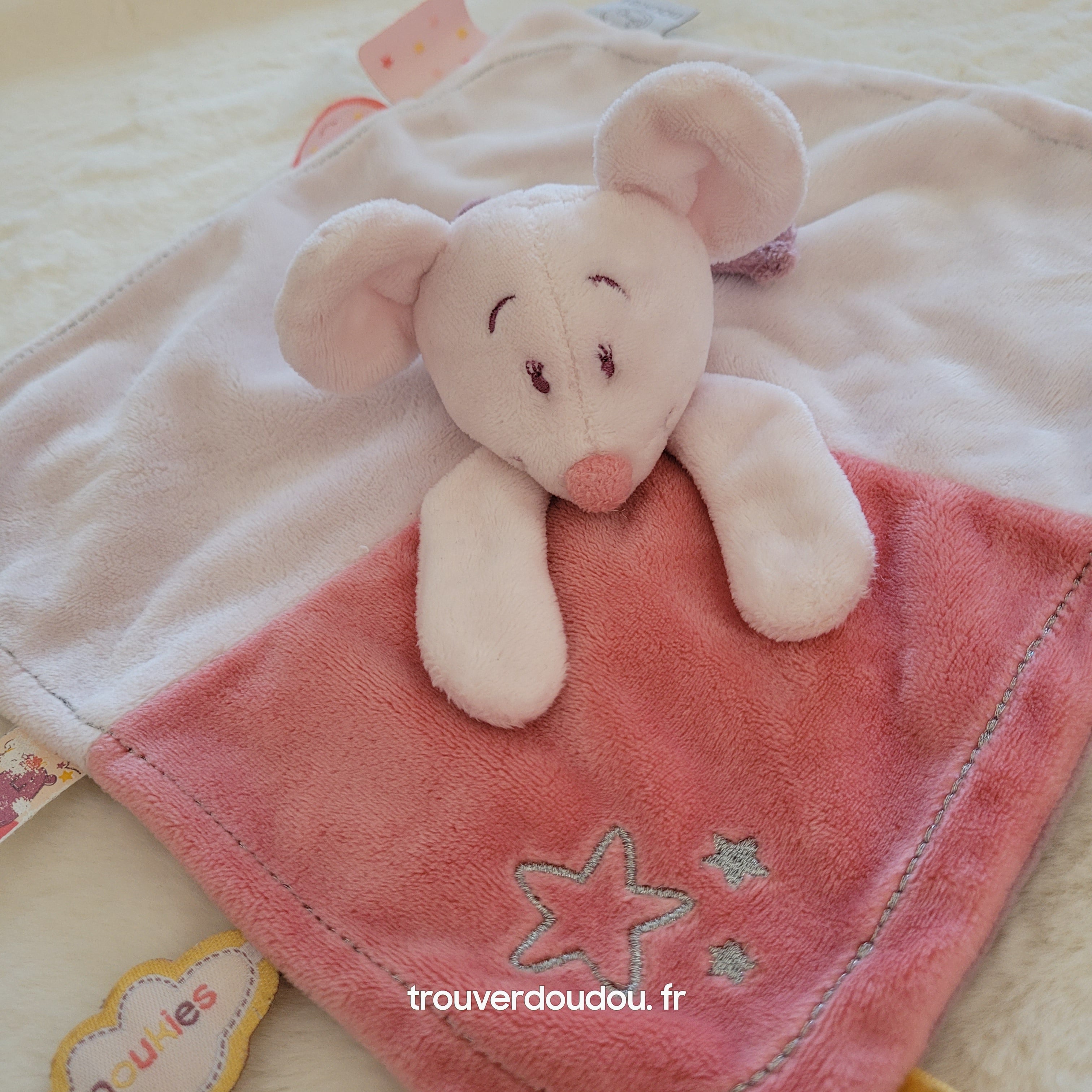 Doudou plat attache-sucette Souris Mia rose poudré - Noukie's Très bon état