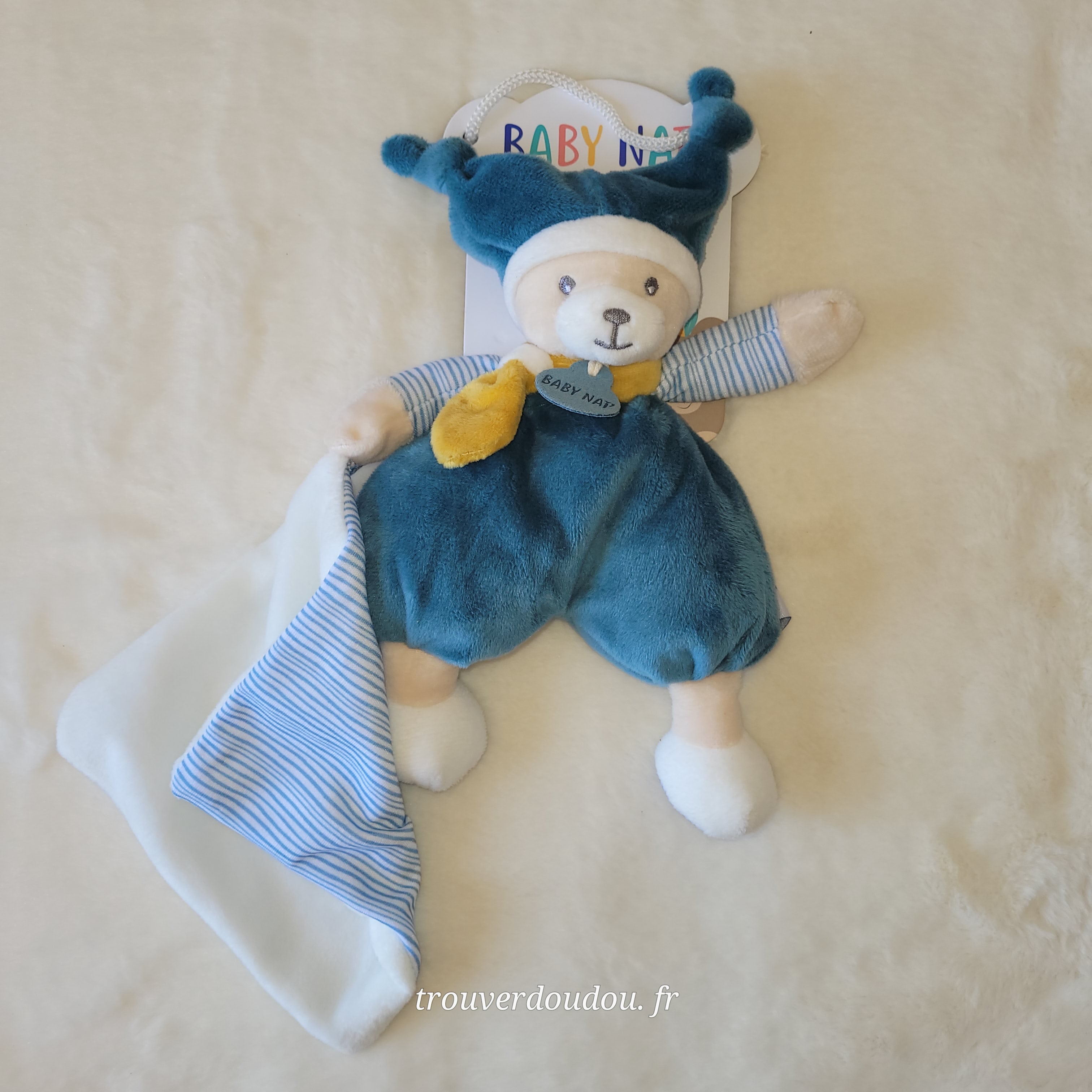 Doudou Pantin Ourson avec Polochon Bleu Ciel - Baby Nat' - NEUF BN0738