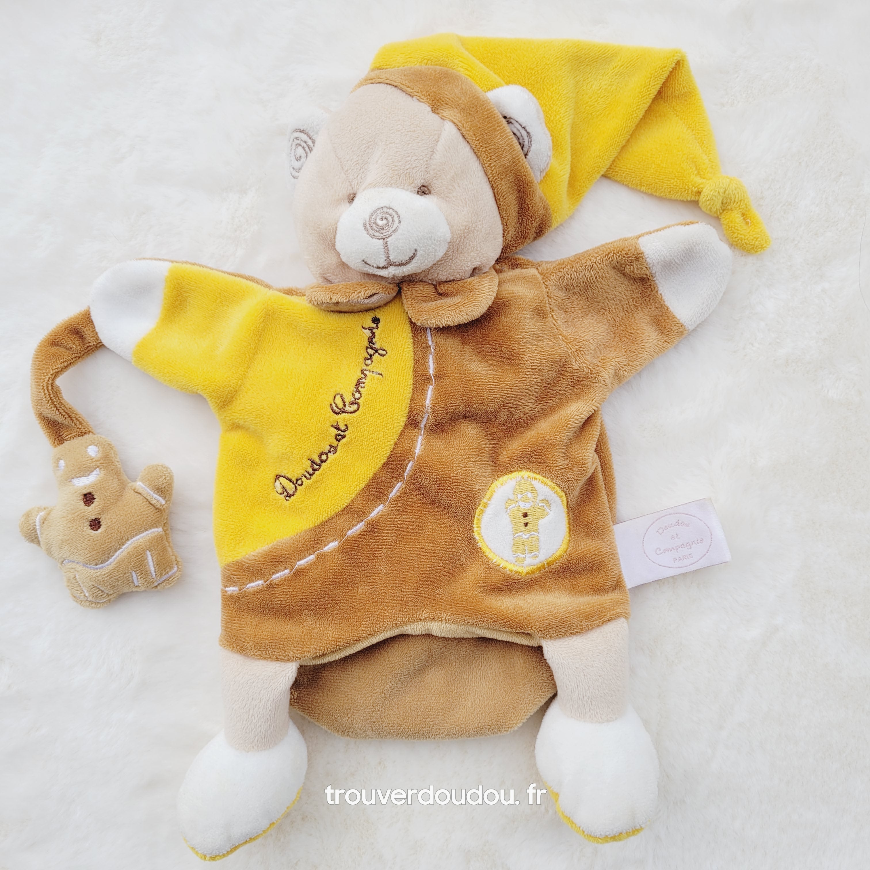 Doudou marionnette Ours Pain d'Épice marron et jaune - Doudou et Compagnie SOS Ours - Très bon état