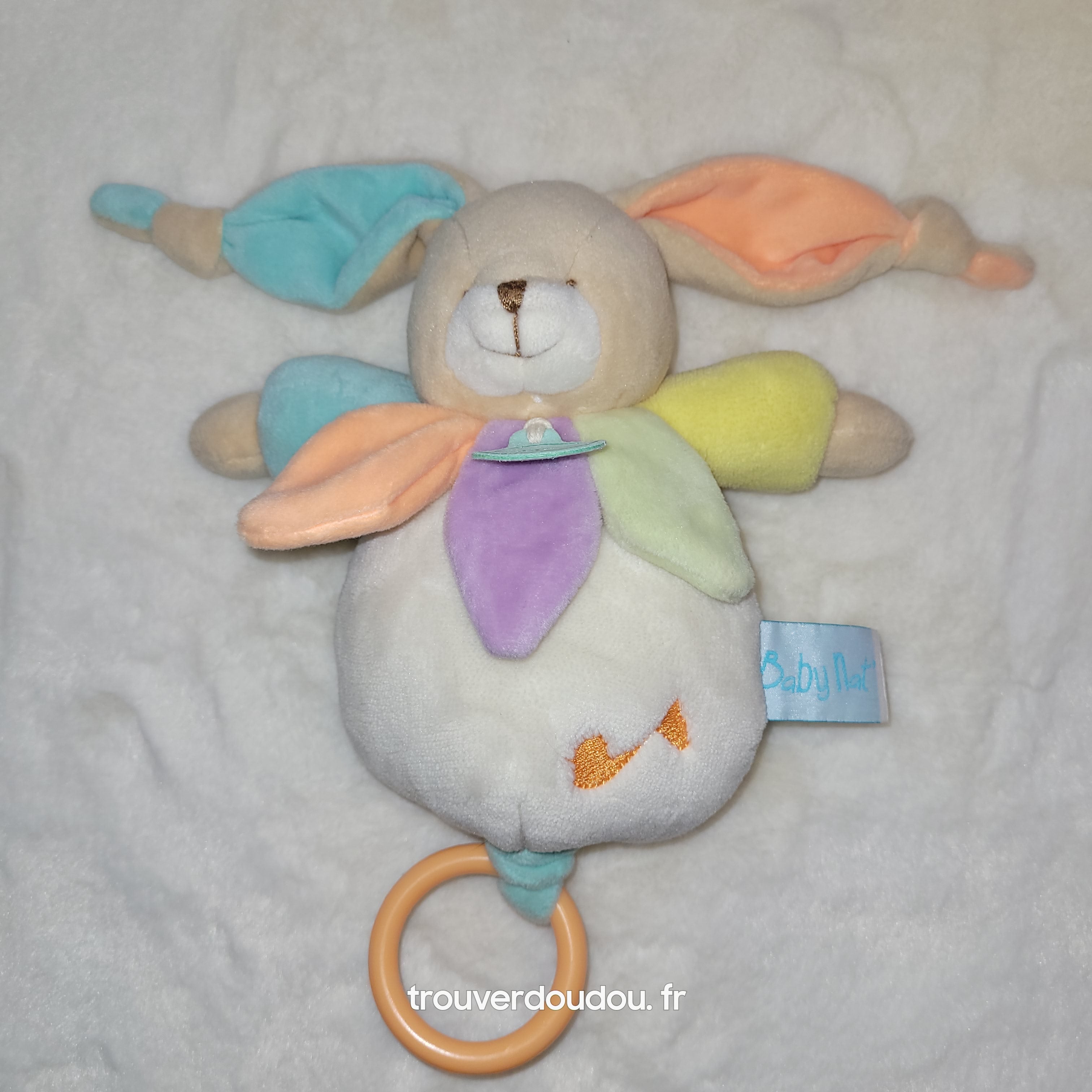 Doudou Boite à Musique Lapin Patchwork Pastel - Baby Nat' - Très Bon État