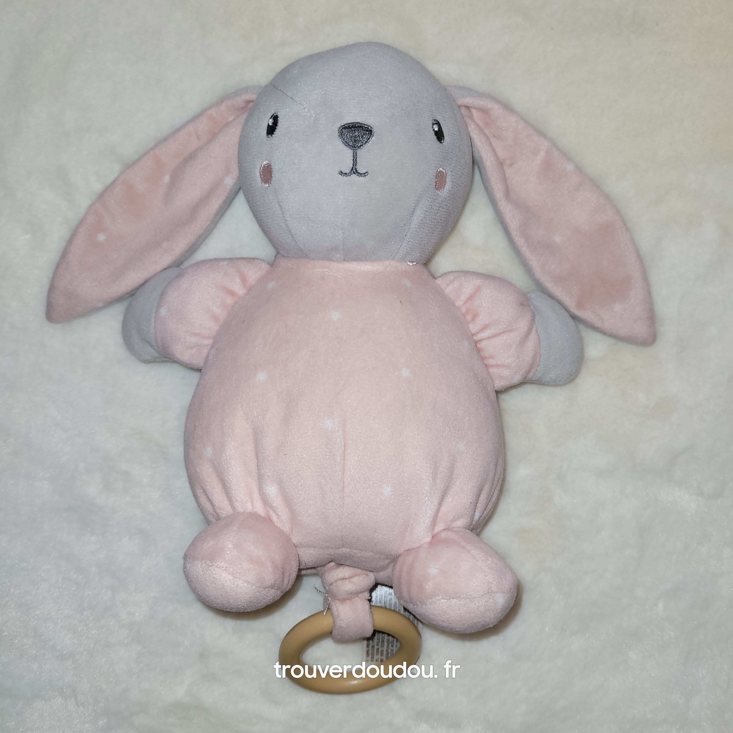 Peluche Boite à Musique Lapin Rose et Gris - Occasion Très Bon État