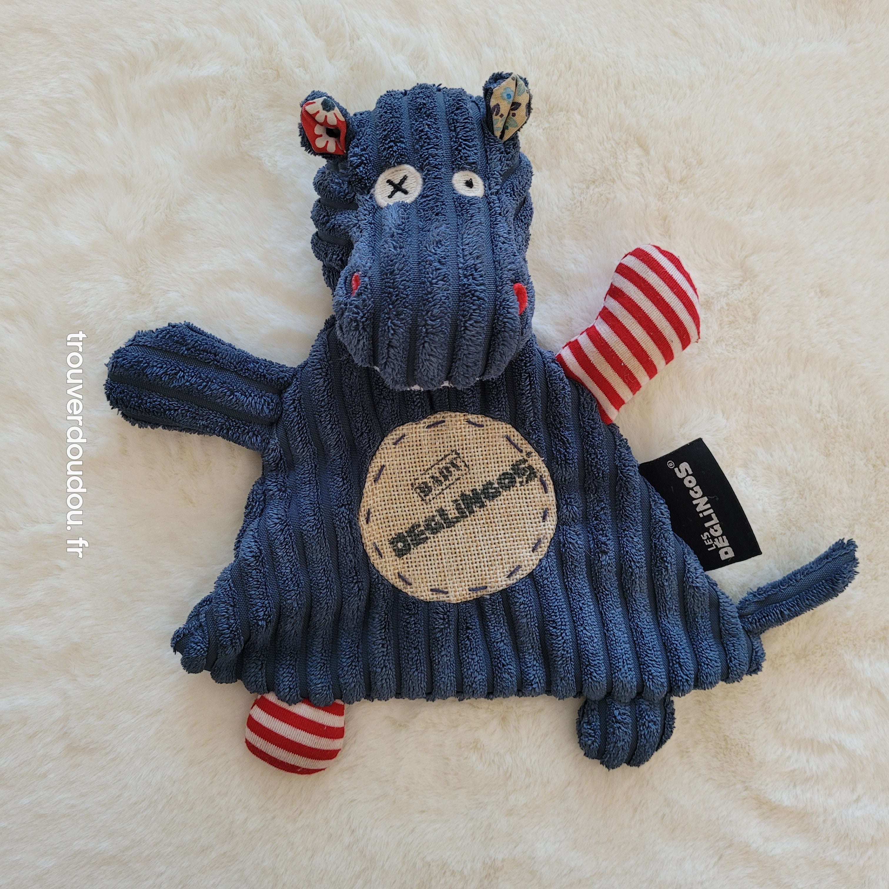 Doudou Plat "Globe Trotoys" Hippipos l'Hippopotame Bleu - Les Déglingos - Très Bon État